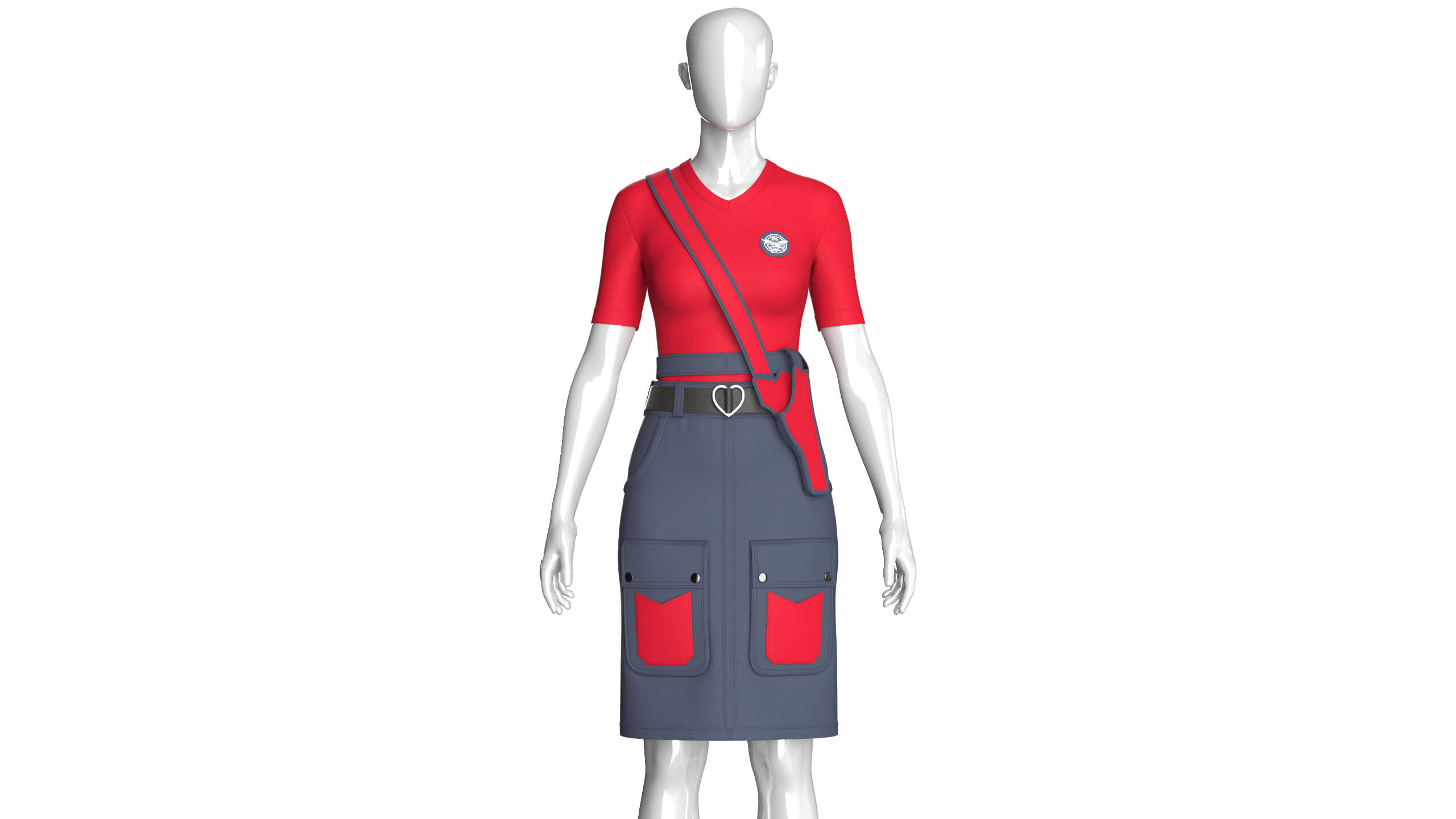 Girls V-Neck Top with Tactical Cargo Skirt 3D Model