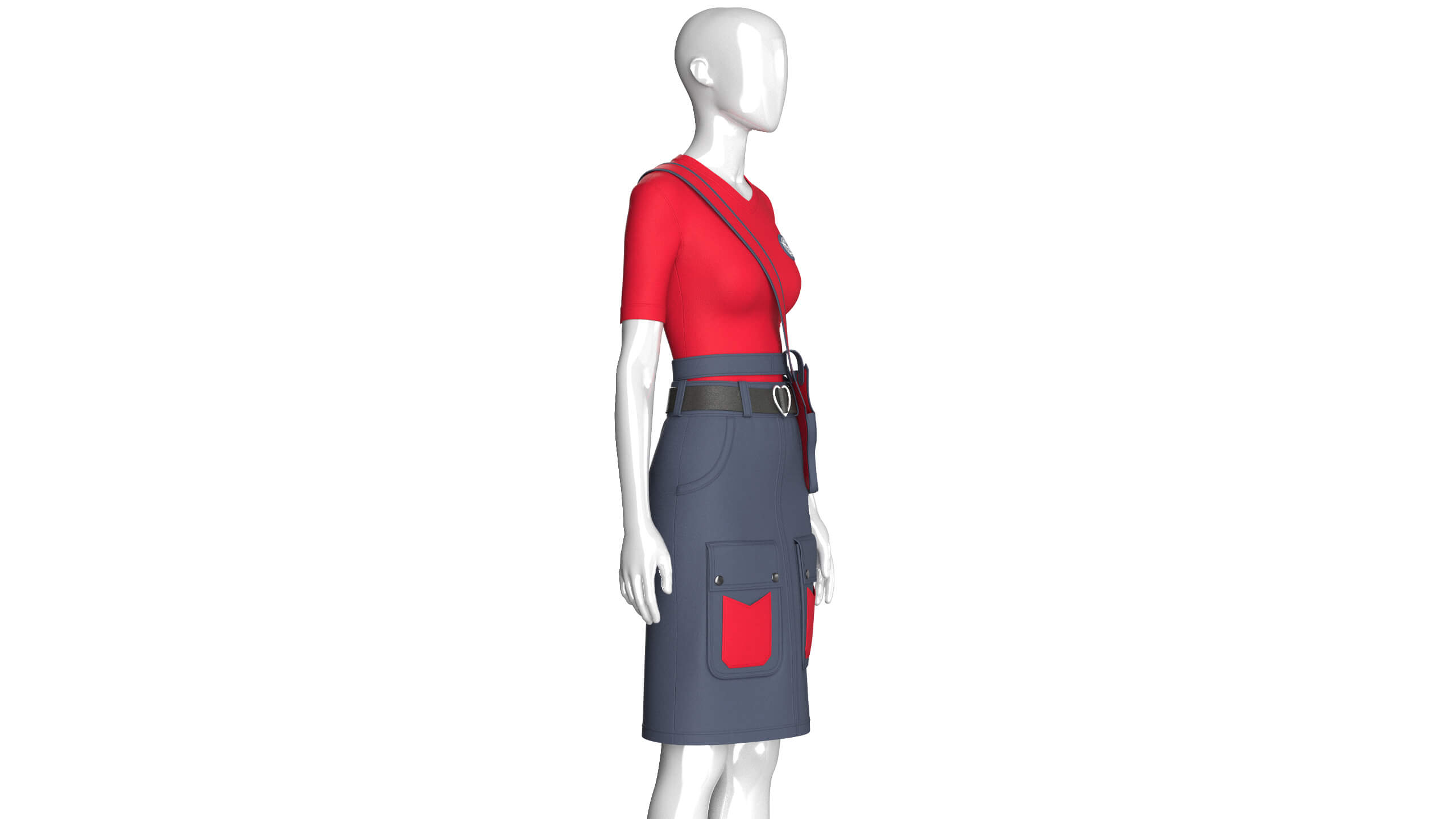 Girls V-Neck Top with Tactical Cargo Skirt 3D Model