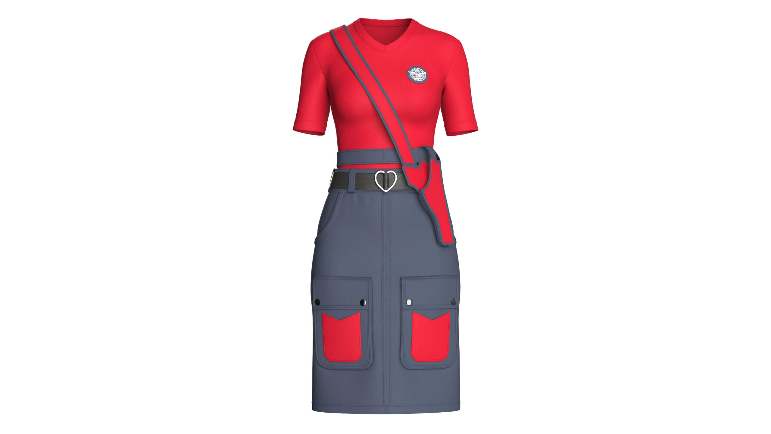 Girls V-Neck Top with Tactical Cargo Skirt 3D Model