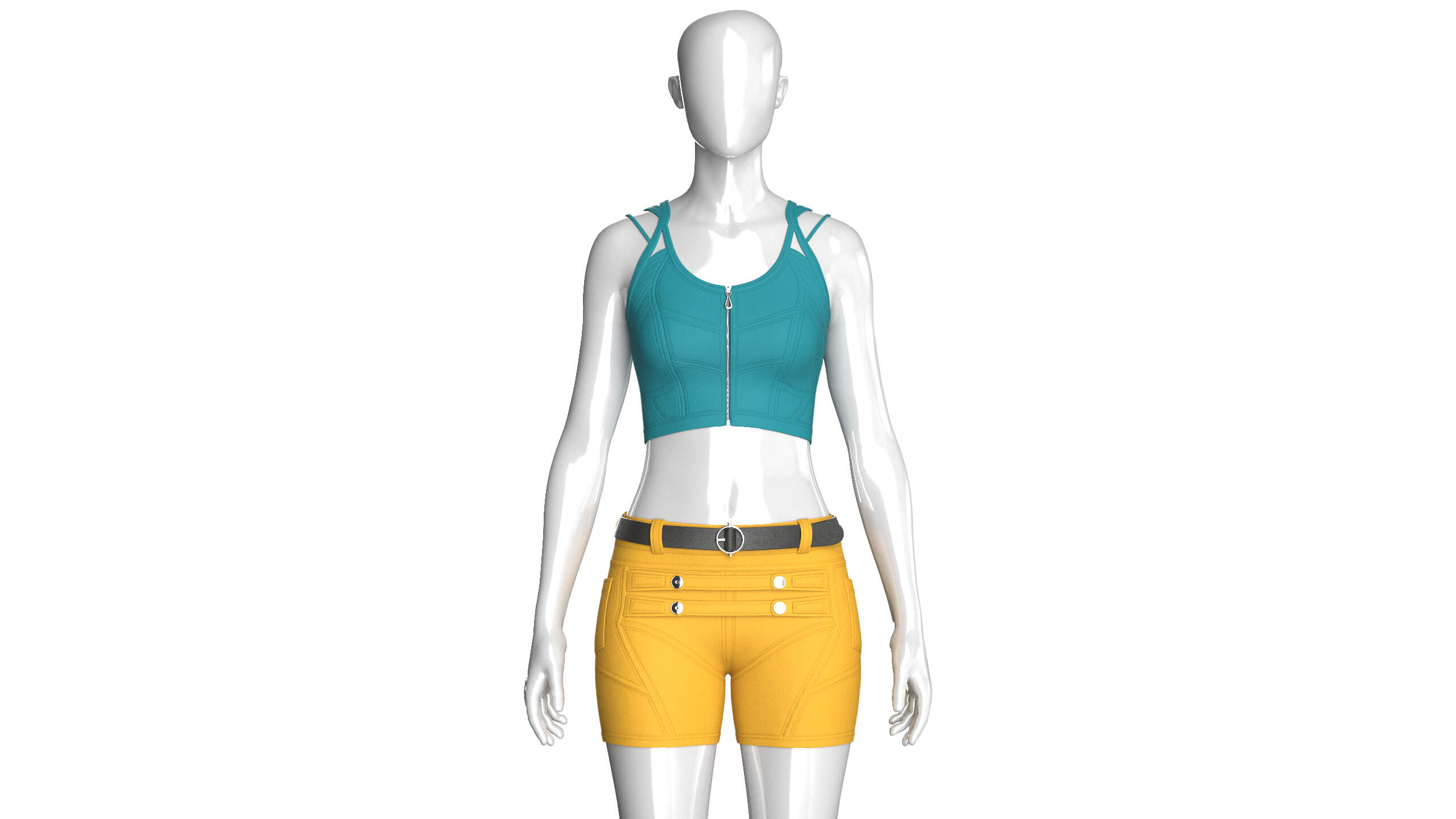 Girls Zip Crop Top with Belted Shorts Outfit 3D Model