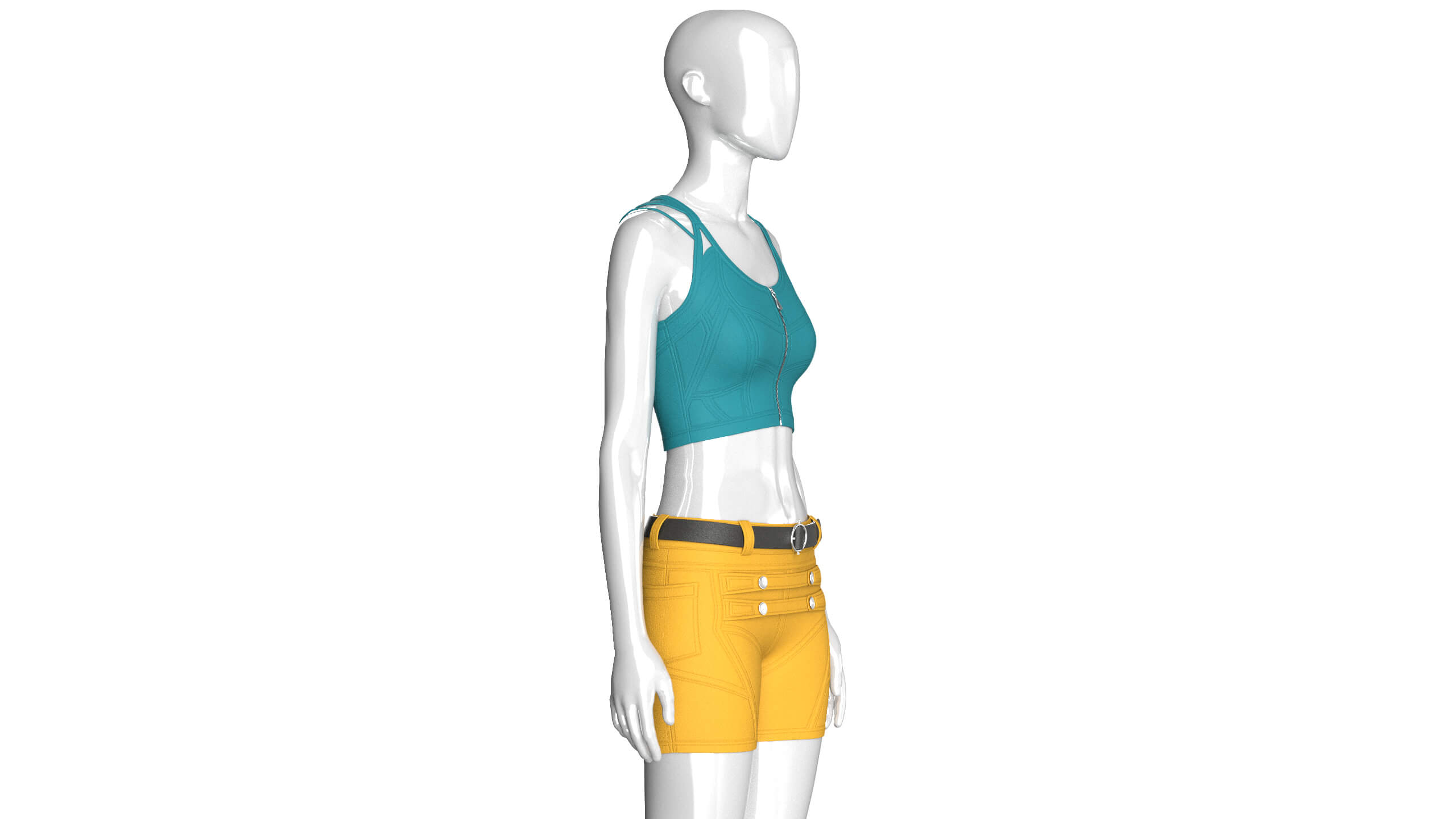 Girls Zip Crop Top with Belted Shorts Outfit 3D Model