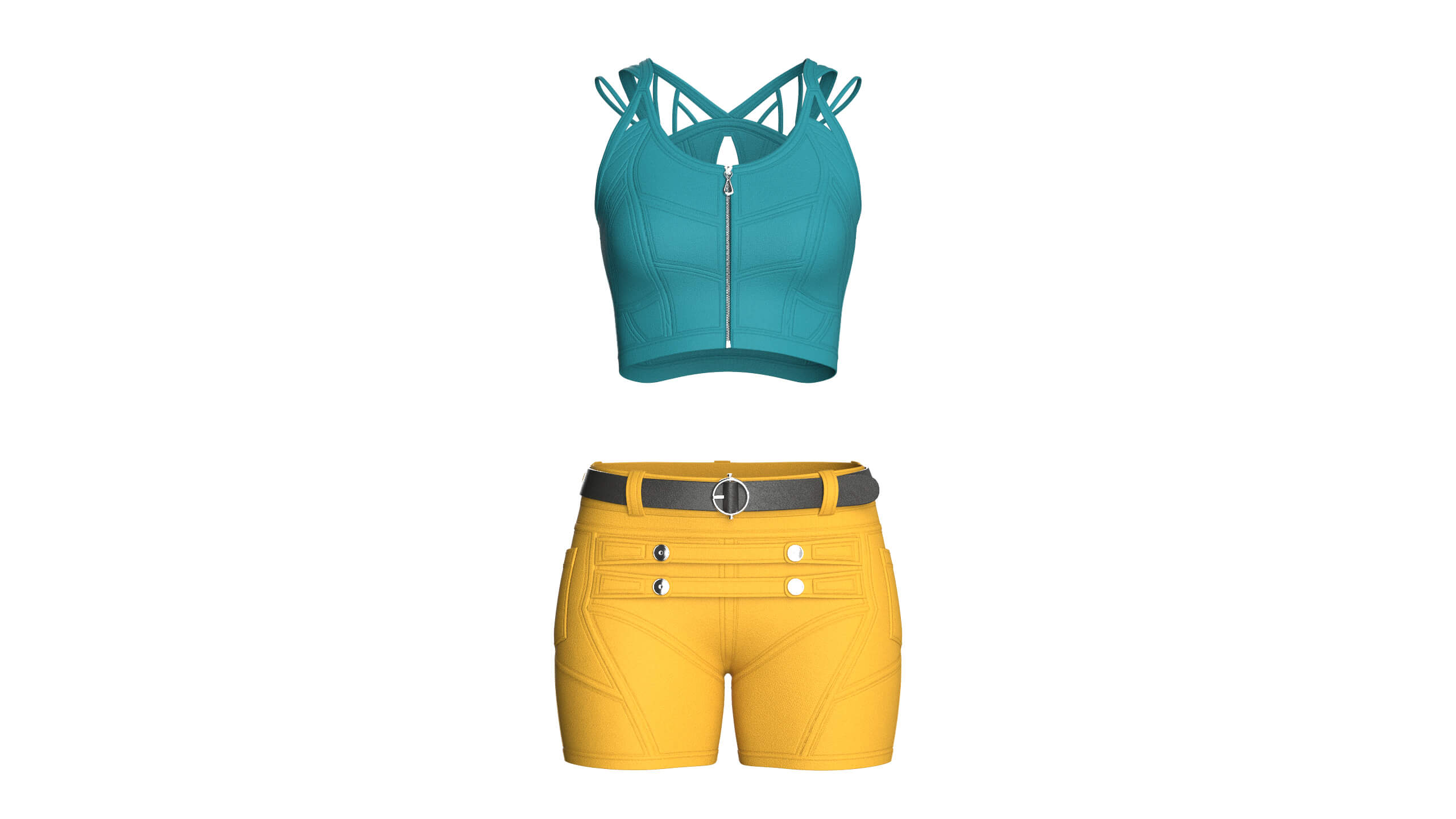 Girls Zip Crop Top with Belted Shorts Outfit 3D Model