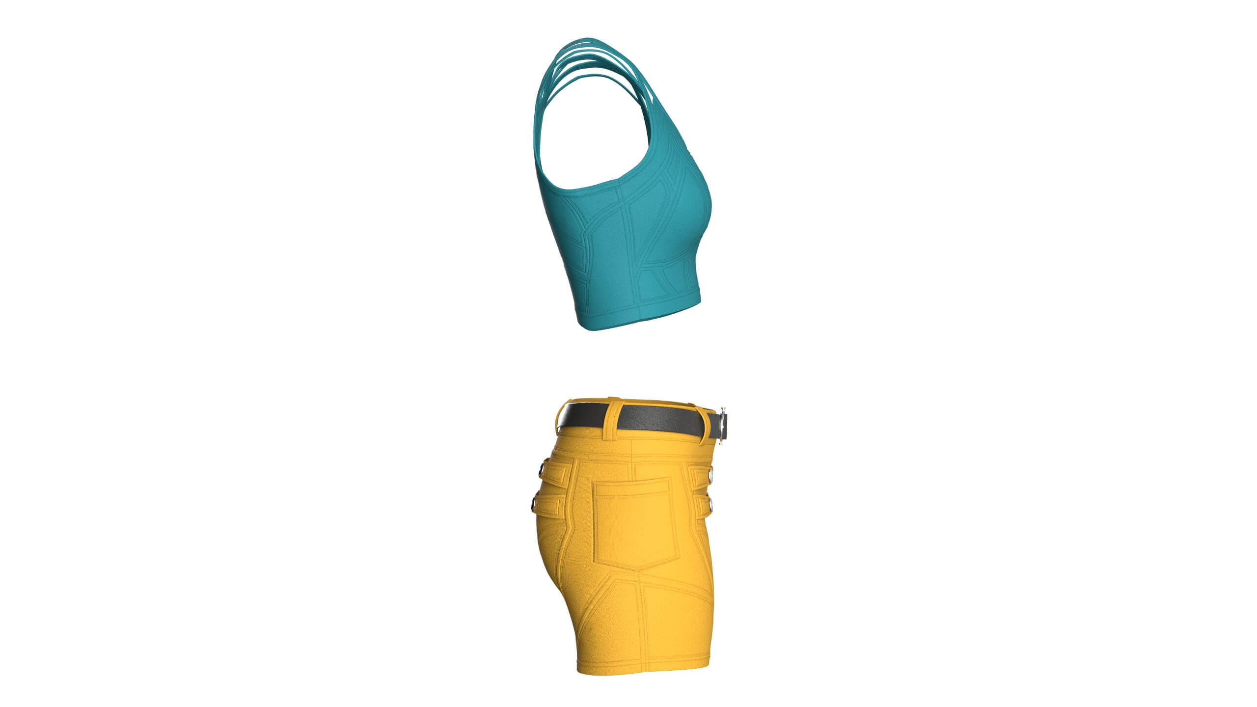 Girls Zip Crop Top with Belted Shorts Outfit 3D Model
