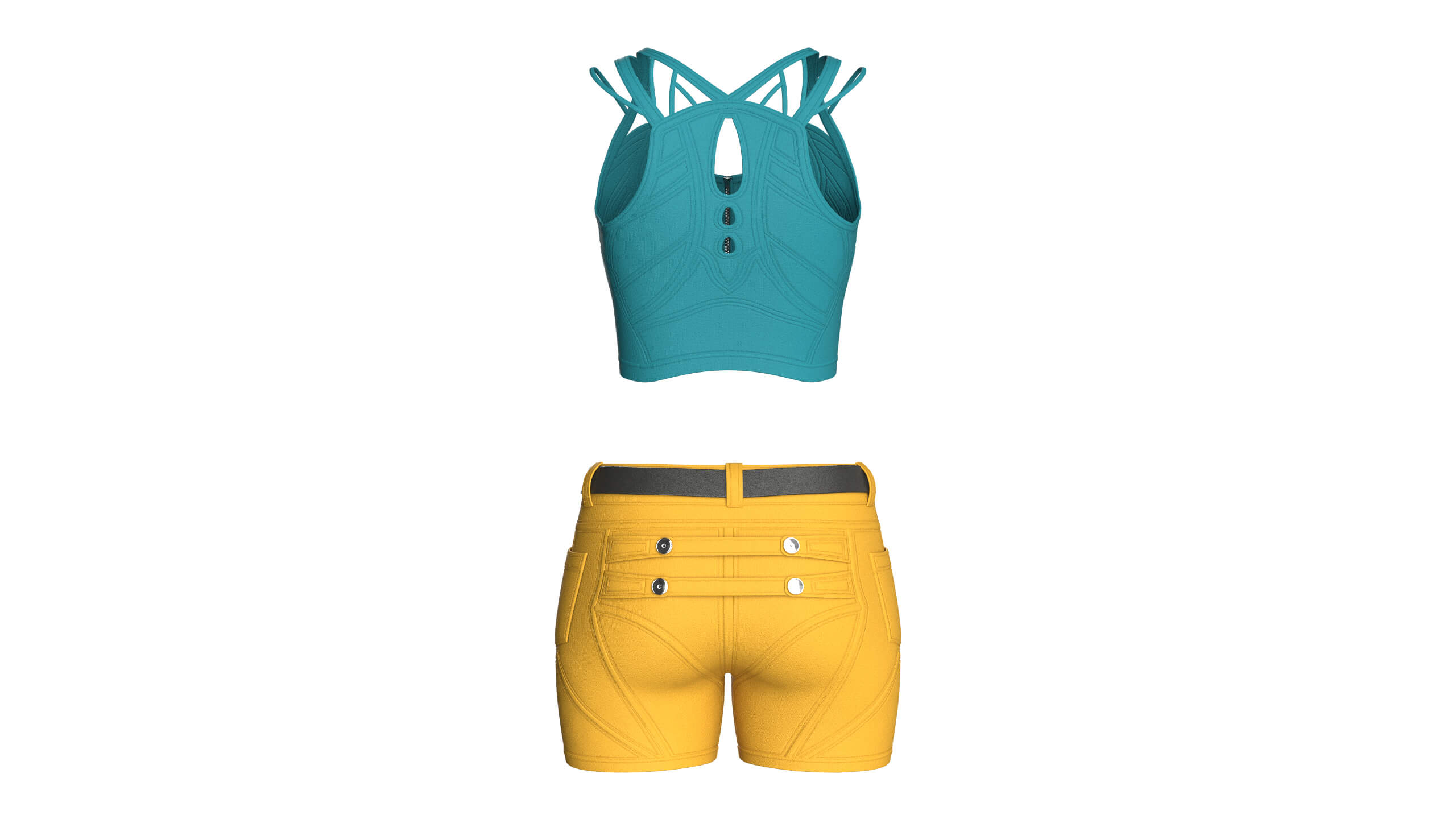Girls Zip Crop Top with Belted Shorts Outfit 3D Model