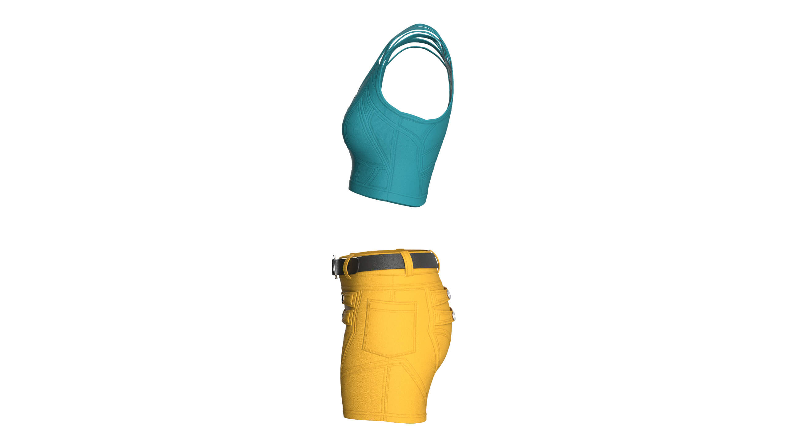 Girls Zip Crop Top with Belted Shorts Outfit 3D Model