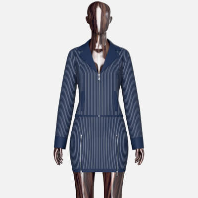Girls Zip Up Striped Lapel Jacket with Skirt - Outfit