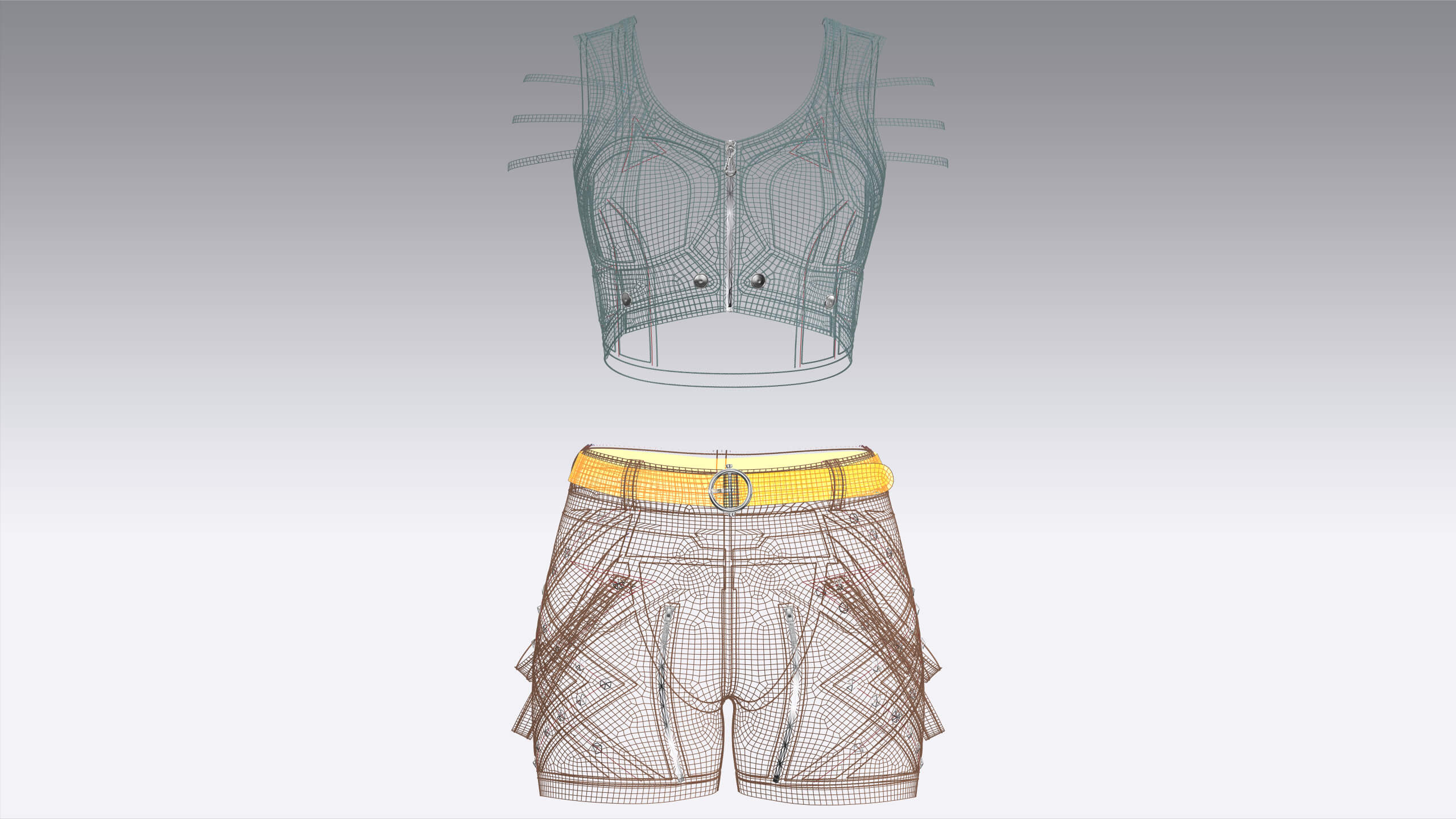 Girls Zip-Up Tactical Crop Top with Utility Shorts 3D Model