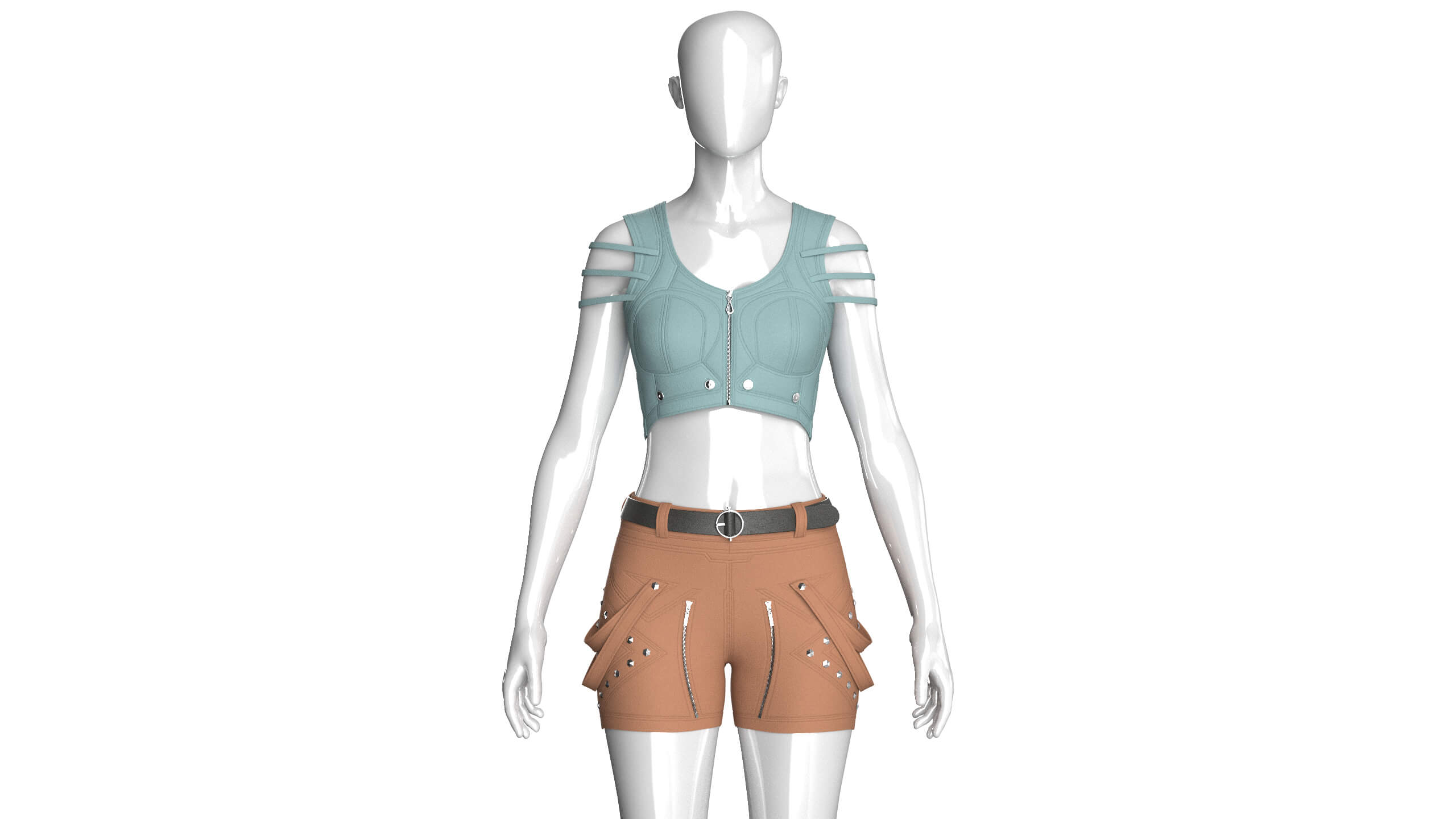 Girls Zip-Up Tactical Crop Top with Utility Shorts 3D Model