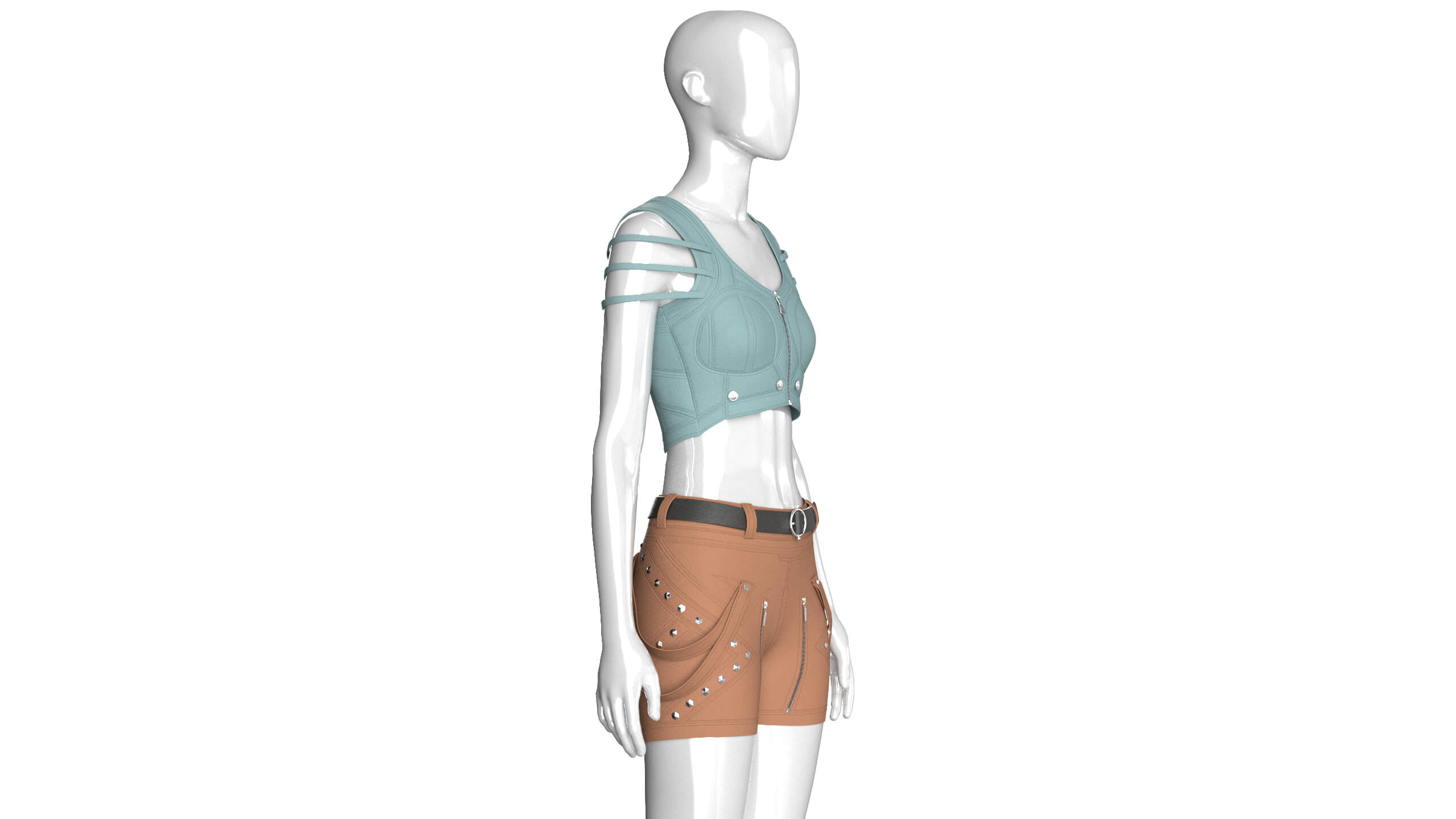 Girls Zip-Up Tactical Crop Top with Utility Shorts 3D Model