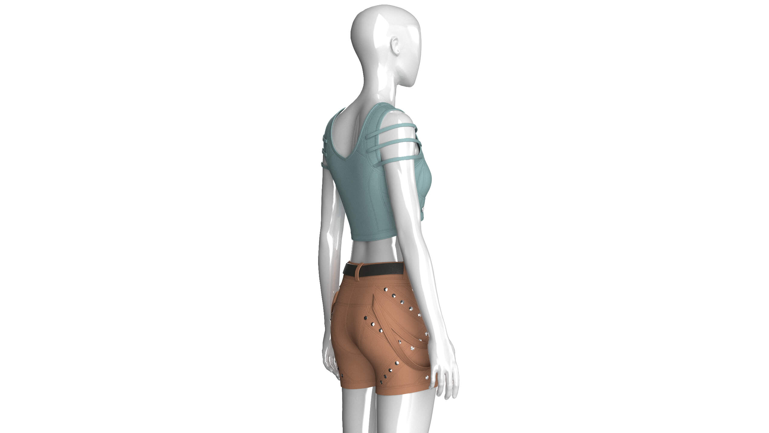 Girls Zip-Up Tactical Crop Top with Utility Shorts 3D Model