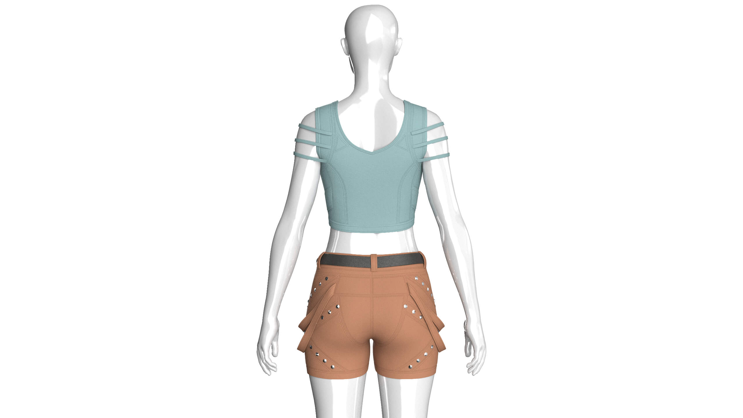 Girls Zip-Up Tactical Crop Top with Utility Shorts 3D Model