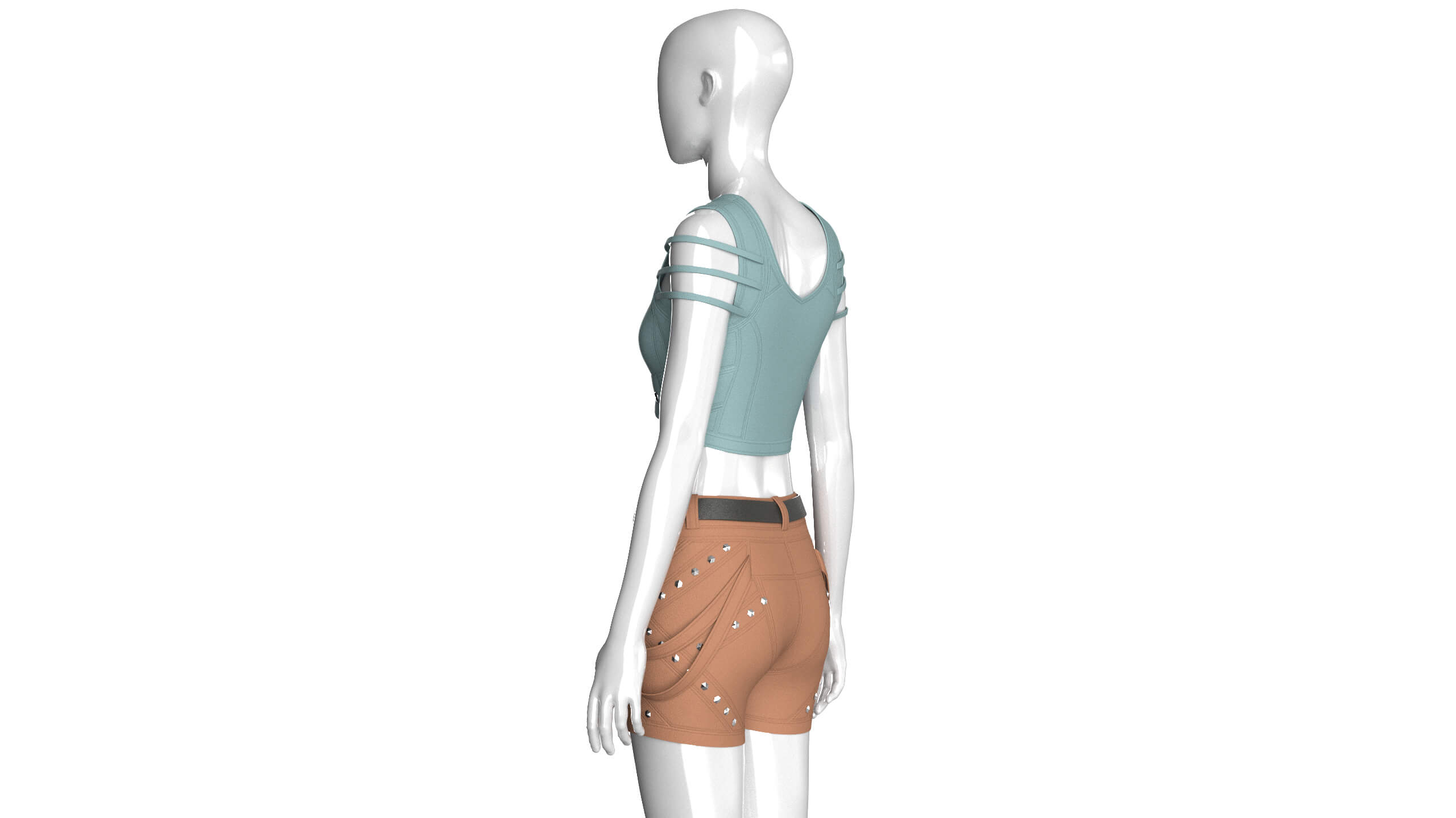 Girls Zip-Up Tactical Crop Top with Utility Shorts 3D Model