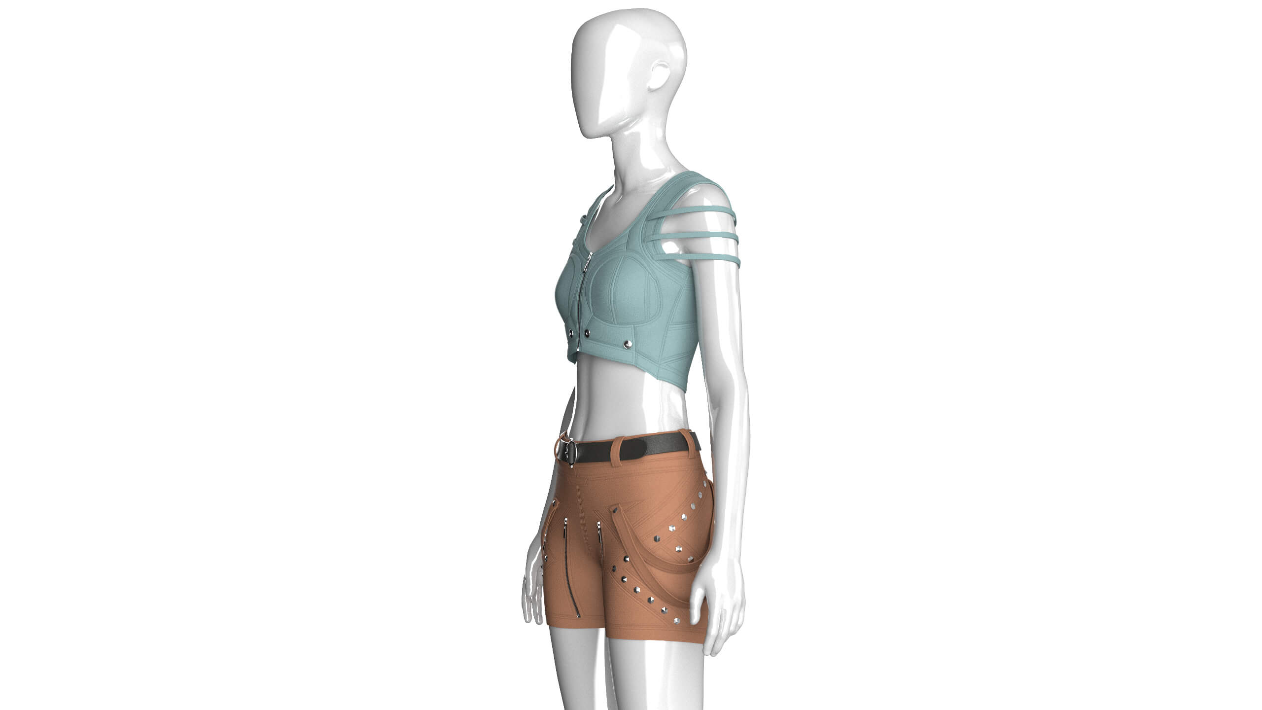 Girls Zip-Up Tactical Crop Top with Utility Shorts 3D Model