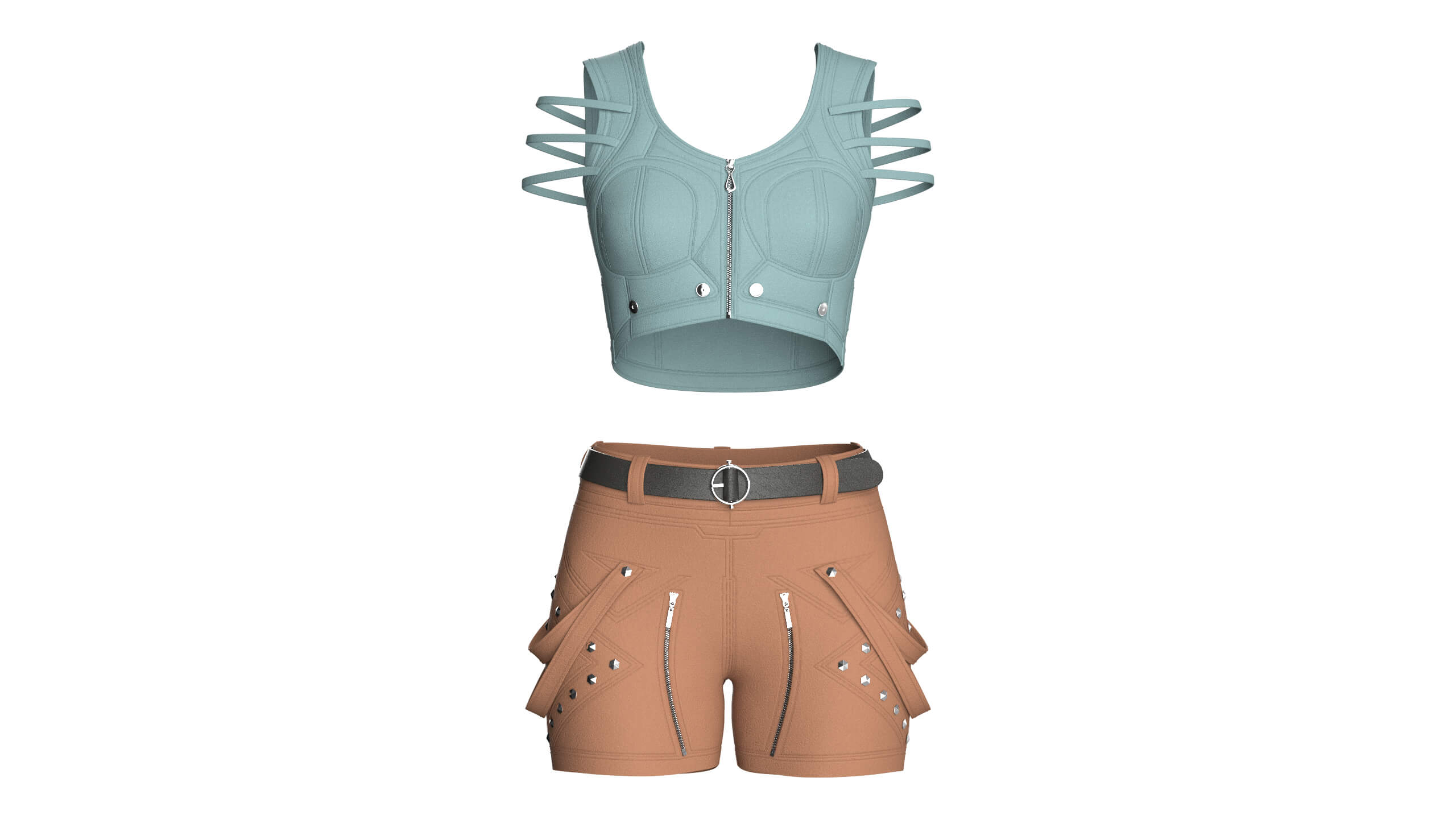 Girls Zip-Up Tactical Crop Top with Utility Shorts 3D Model