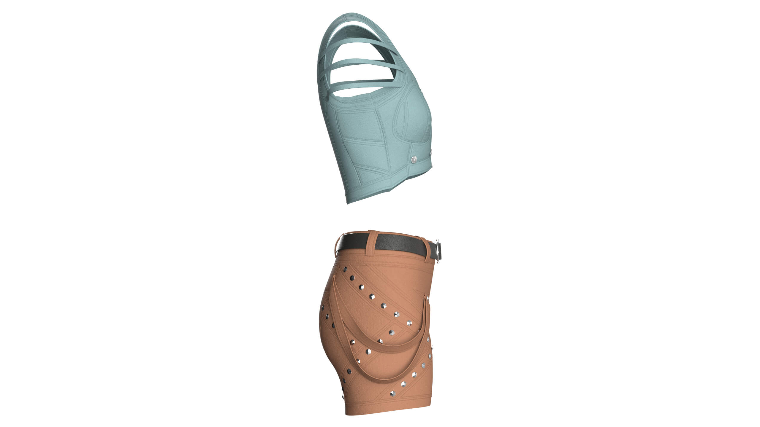 Girls Zip-Up Tactical Crop Top with Utility Shorts 3D Model