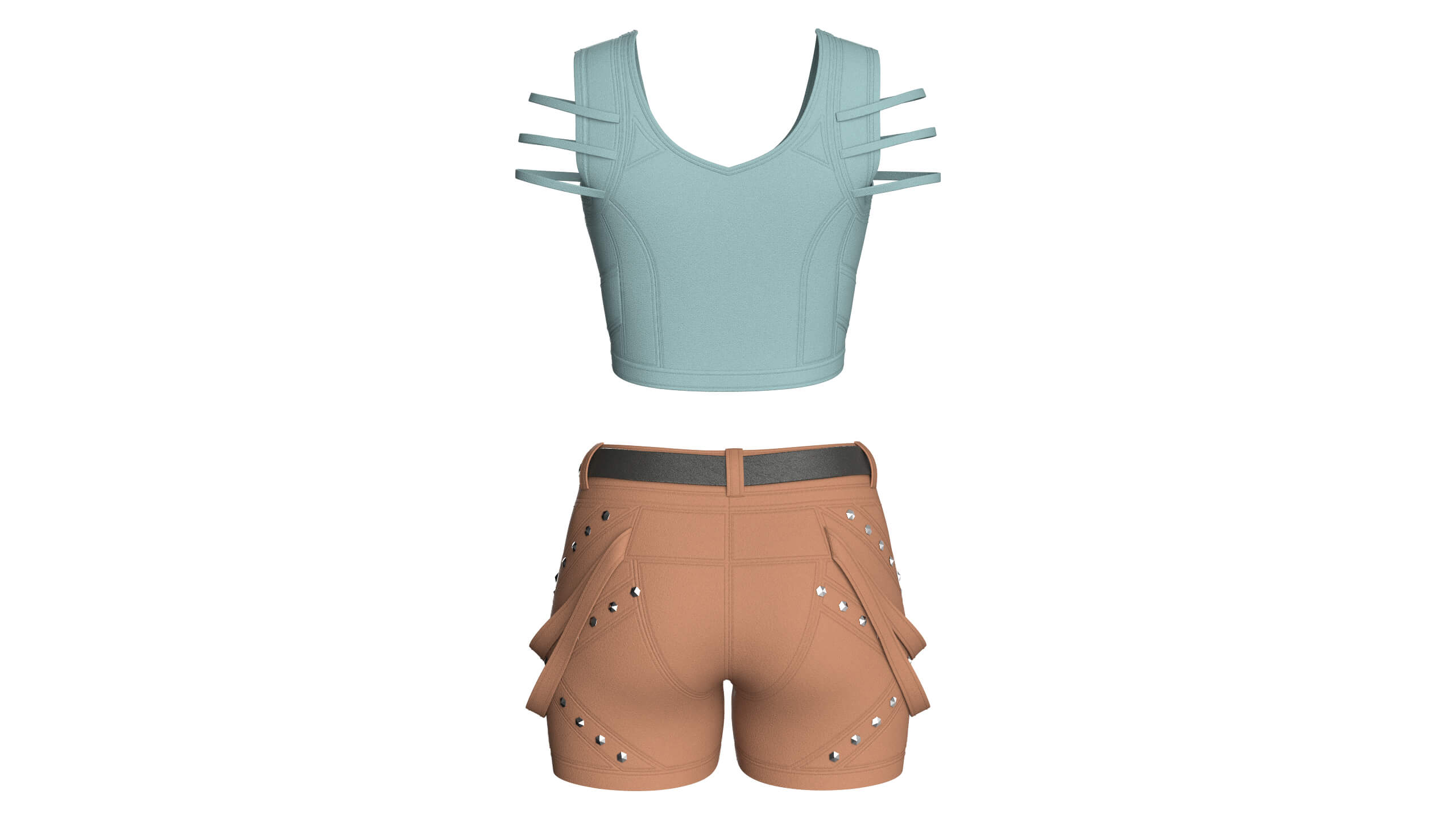 Girls Zip-Up Tactical Crop Top with Utility Shorts 3D Model