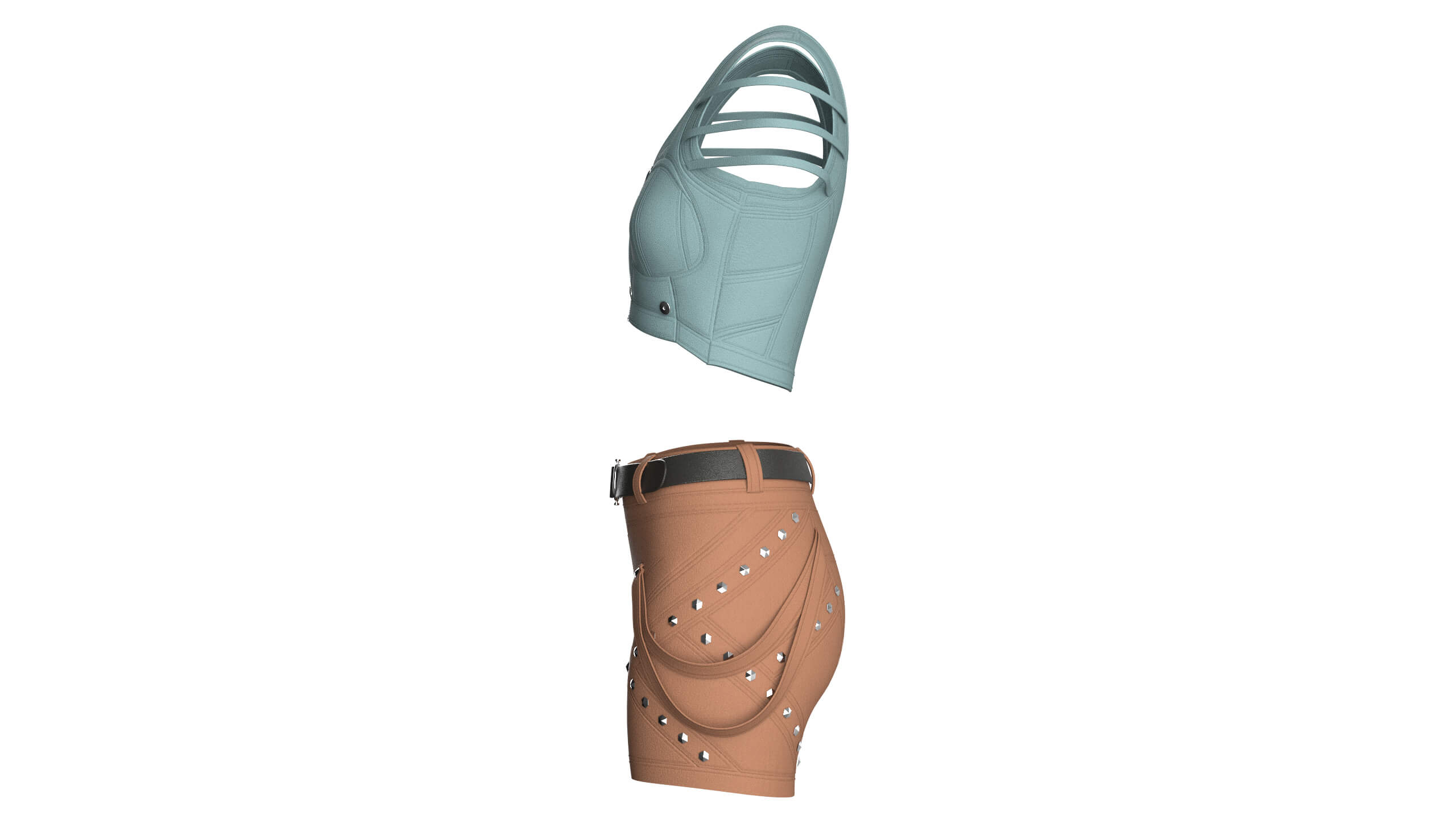 Girls Zip-Up Tactical Crop Top with Utility Shorts 3D Model