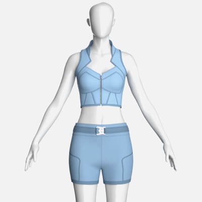Girls Zippered Crop Top with Belted Shorts Outfit