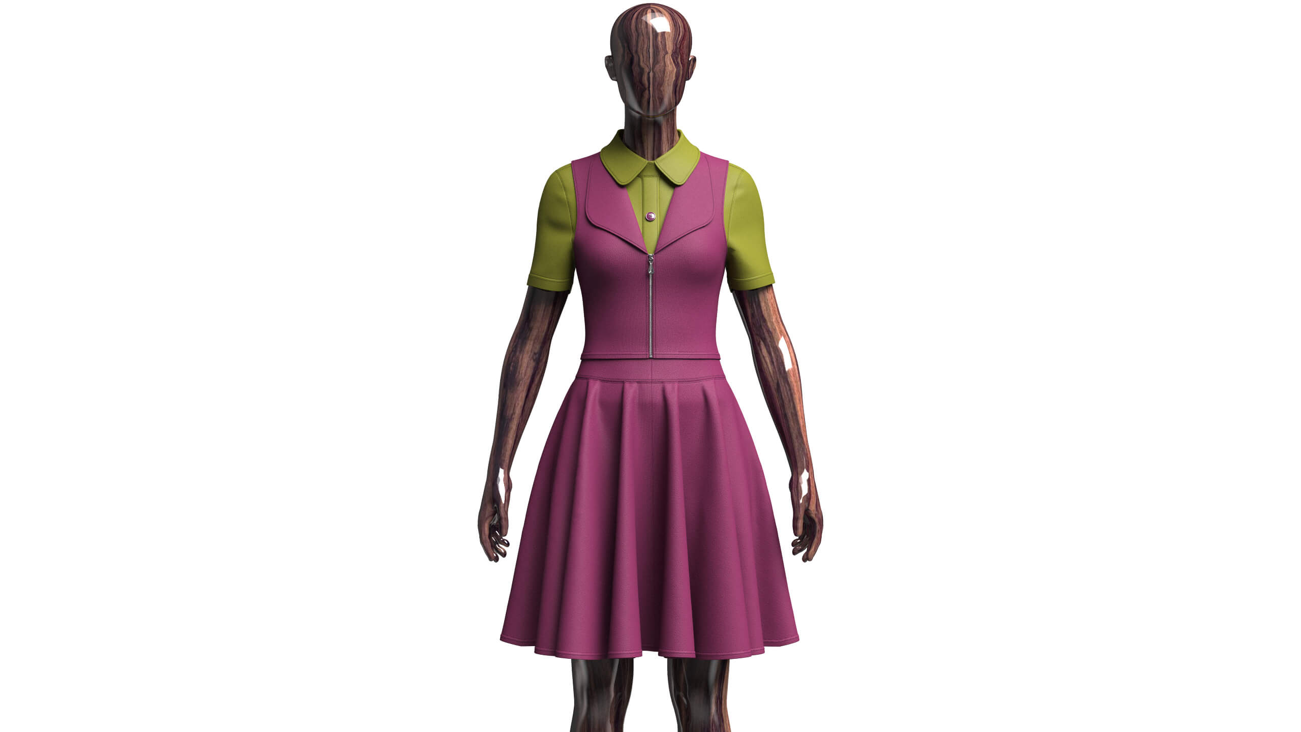 Girls Zippered Vest Overlay Shirt with Skirt - Outfit 3D Model
