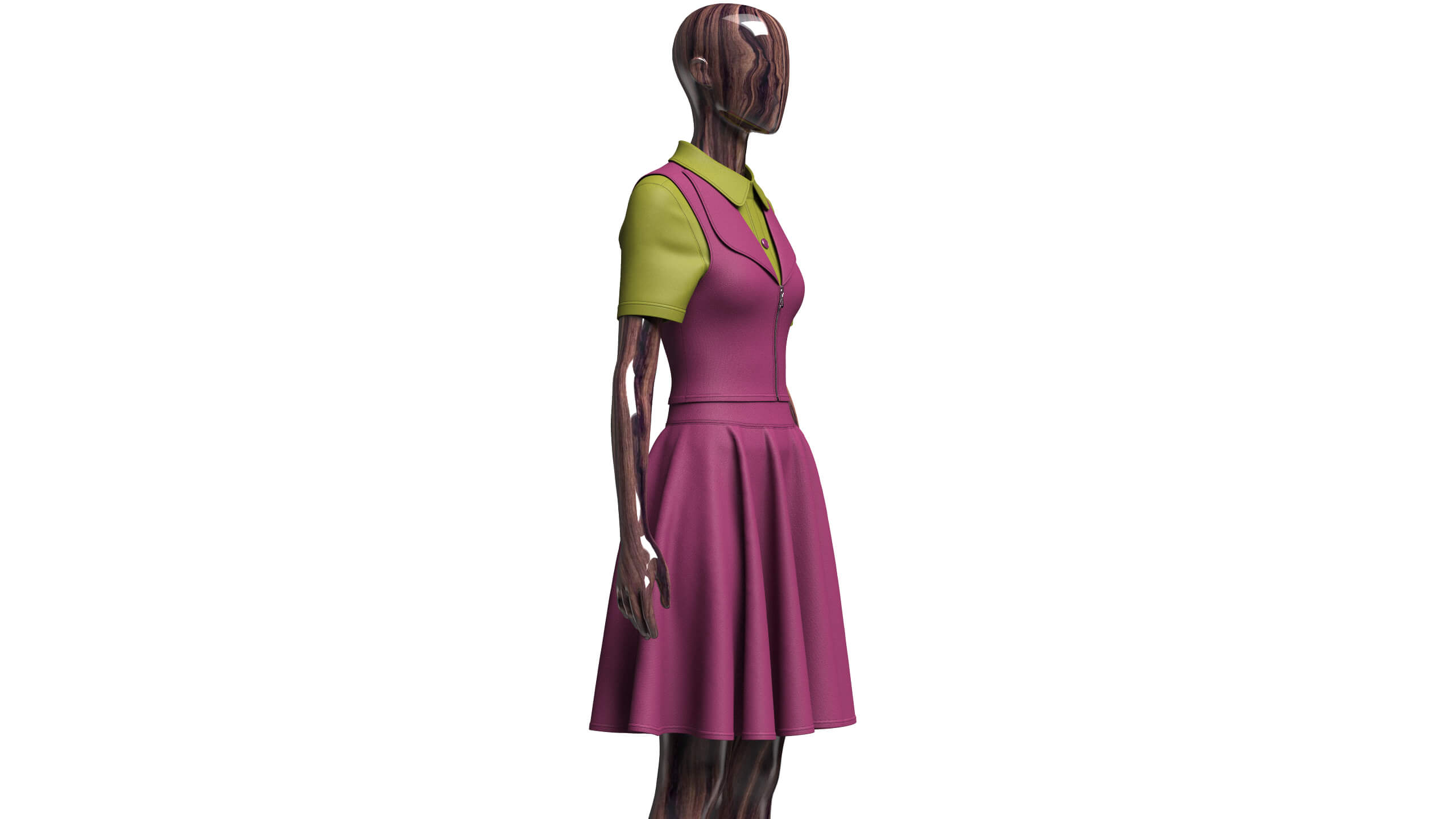 Girls Zippered Vest Overlay Shirt with Skirt - Outfit 3D Model