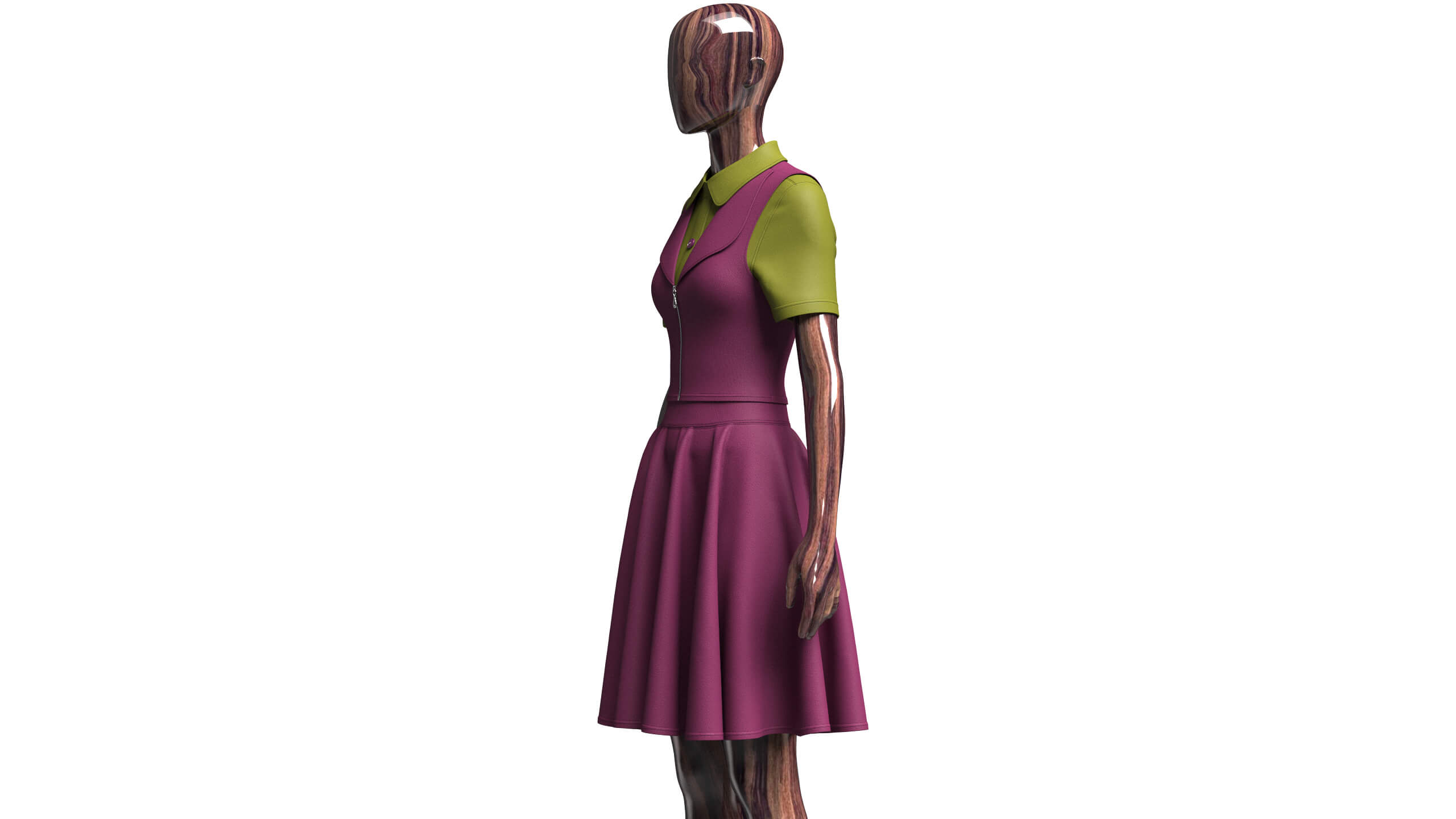 Girls Zippered Vest Overlay Shirt with Skirt - Outfit 3D Model