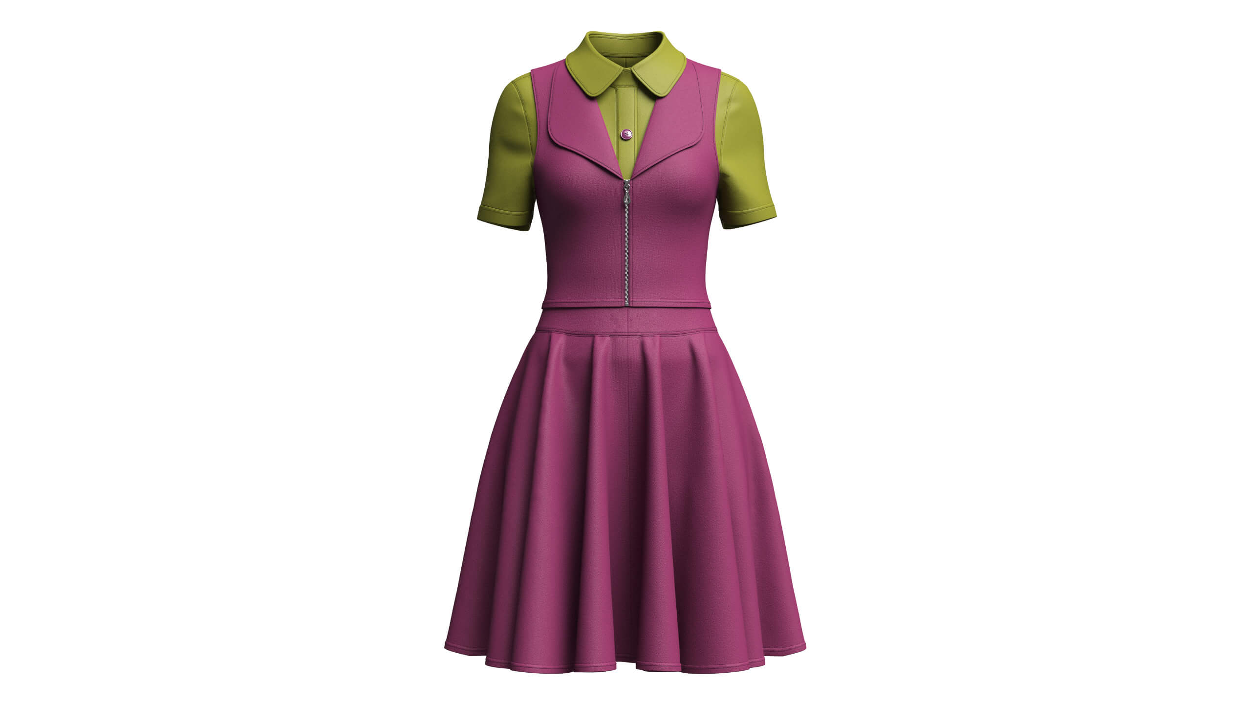 Girls Zippered Vest Overlay Shirt with Skirt - Outfit 3D Model