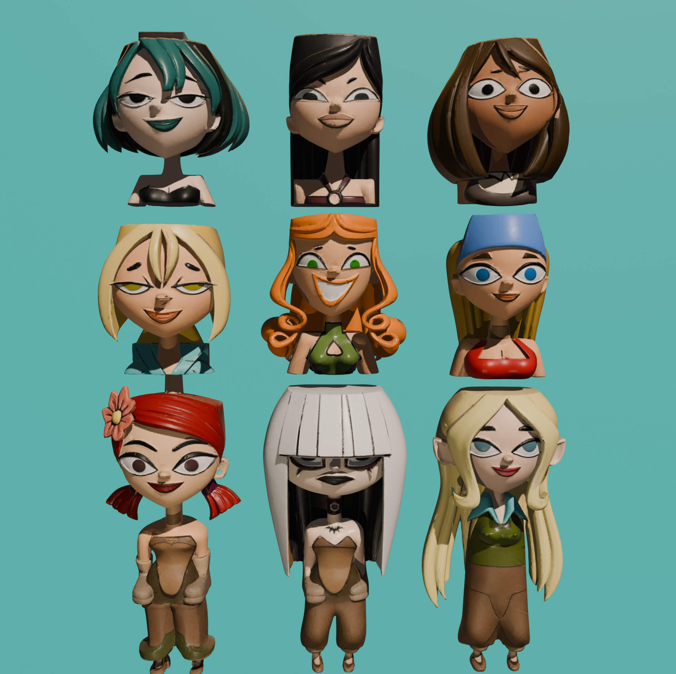 Total Drama Island Female Heads 3D Model
