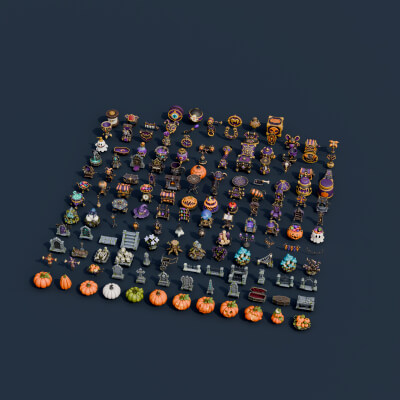 Stylized Halloween Complete Bundle - 150 Game-Ready Props 3D Model