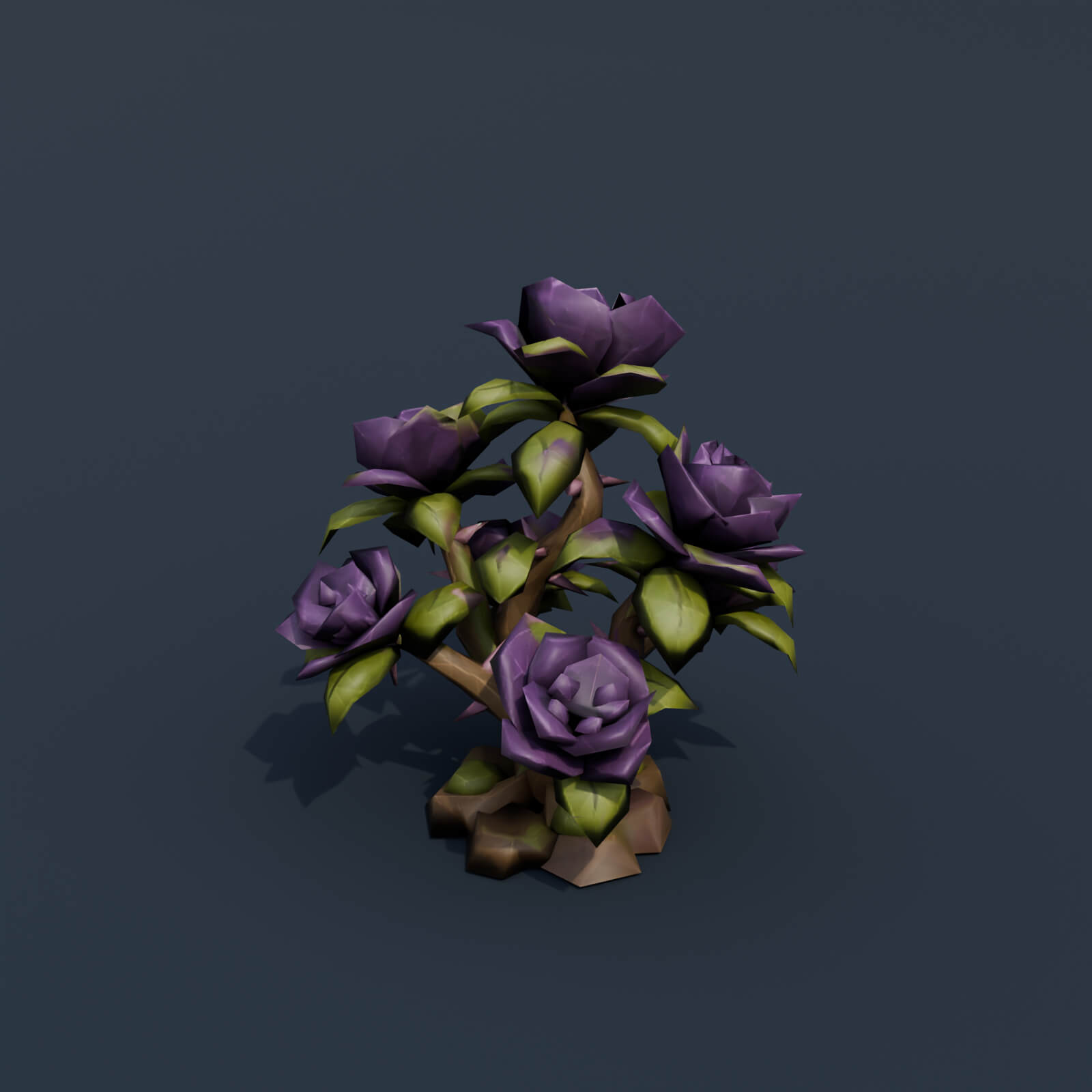 Stylized Low Poly Black Rose Bush 3D Model