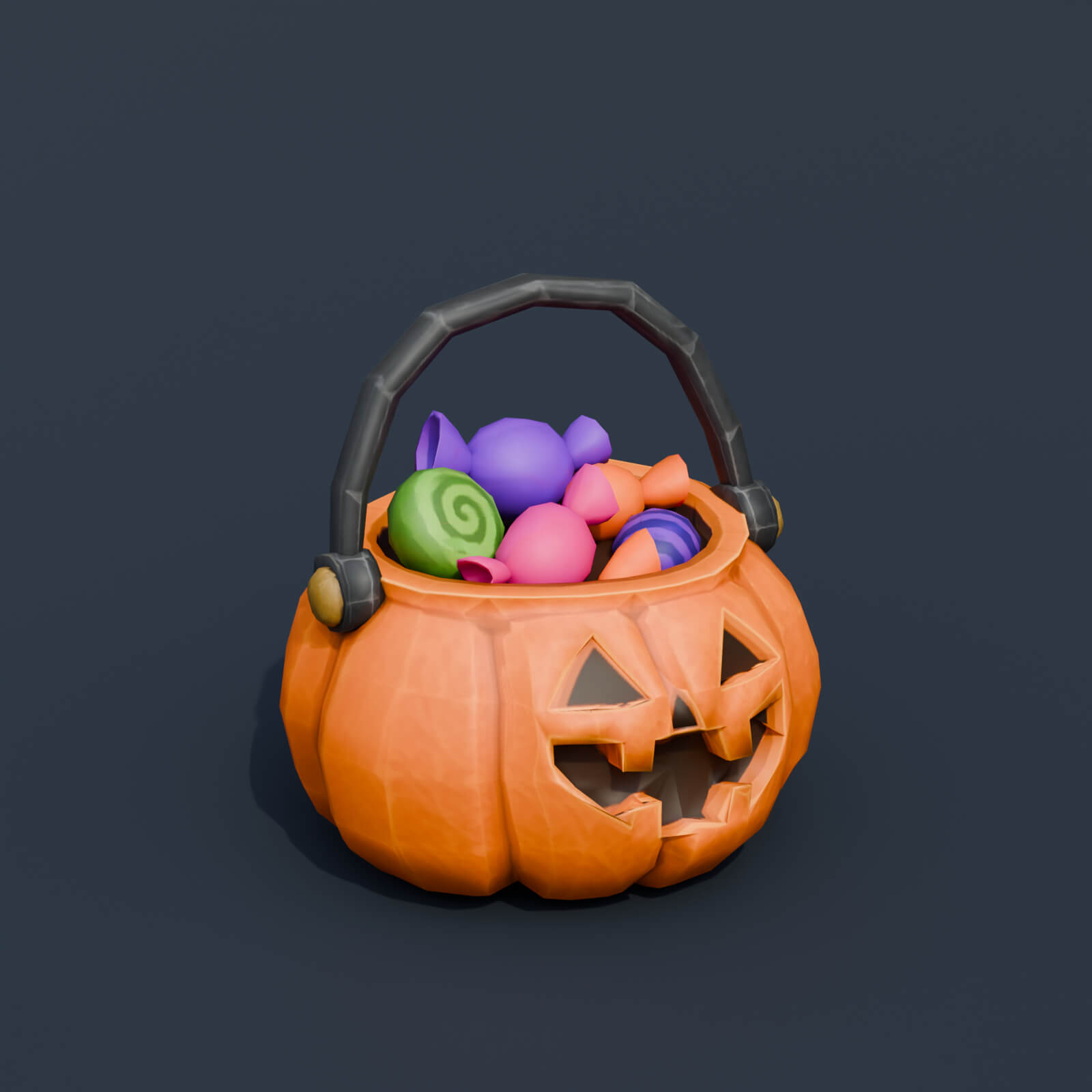 Stylized Low Poly Pumpkin Candy Bucket 3D Model