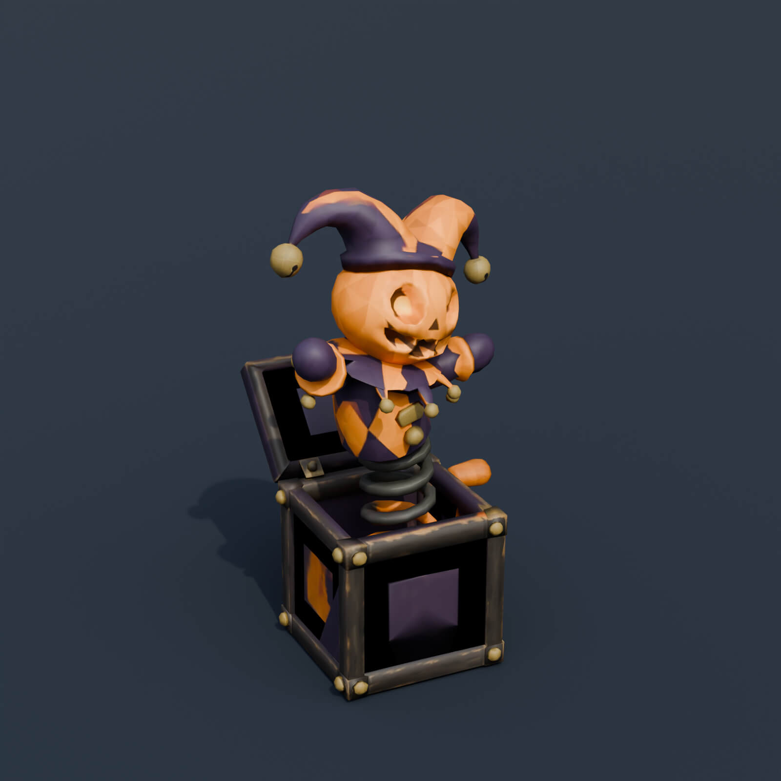 Stylized Low Poly Pumpkin Jester Jack in the Box 3D Model