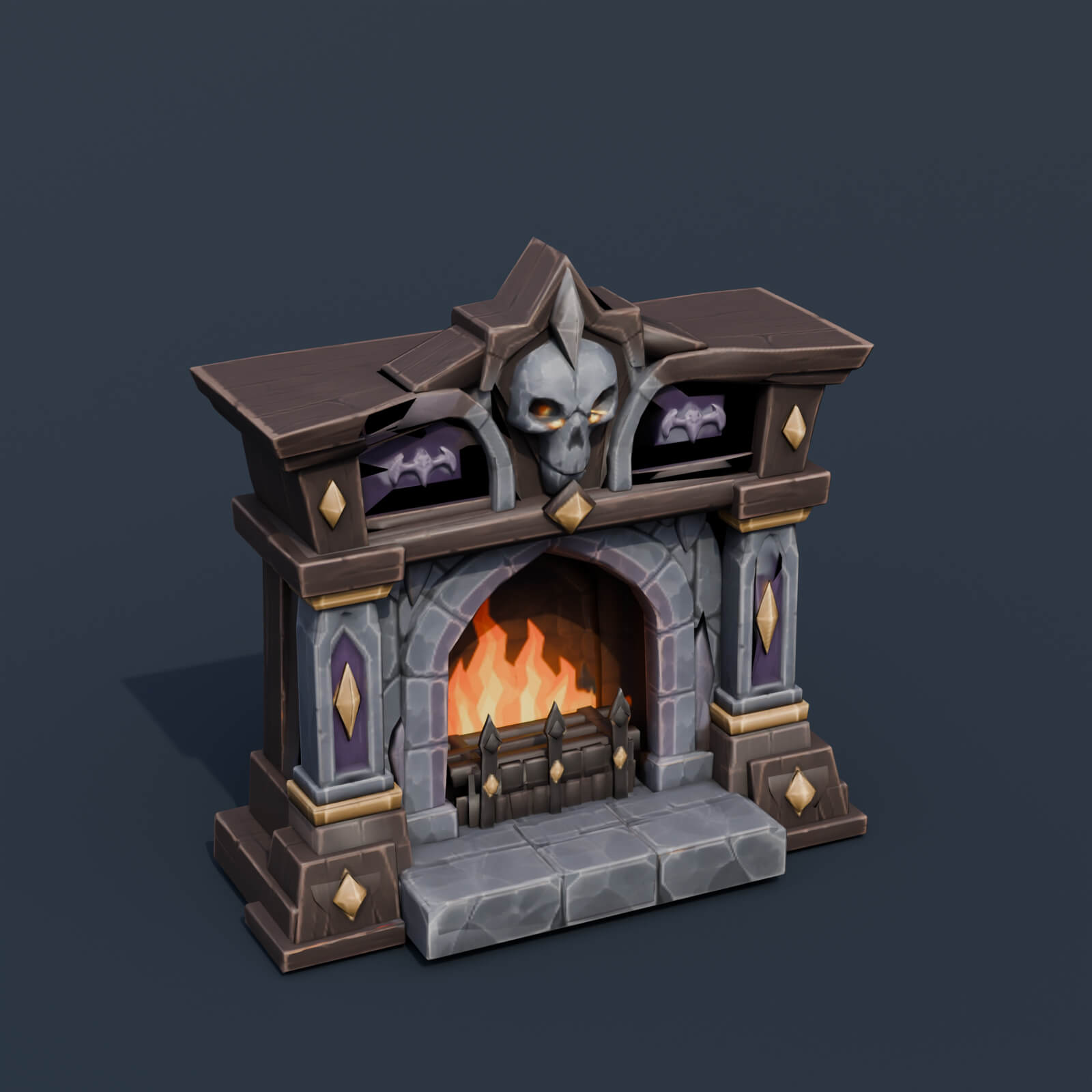 Stylized Low Poly Skull Fireplace 3D Model