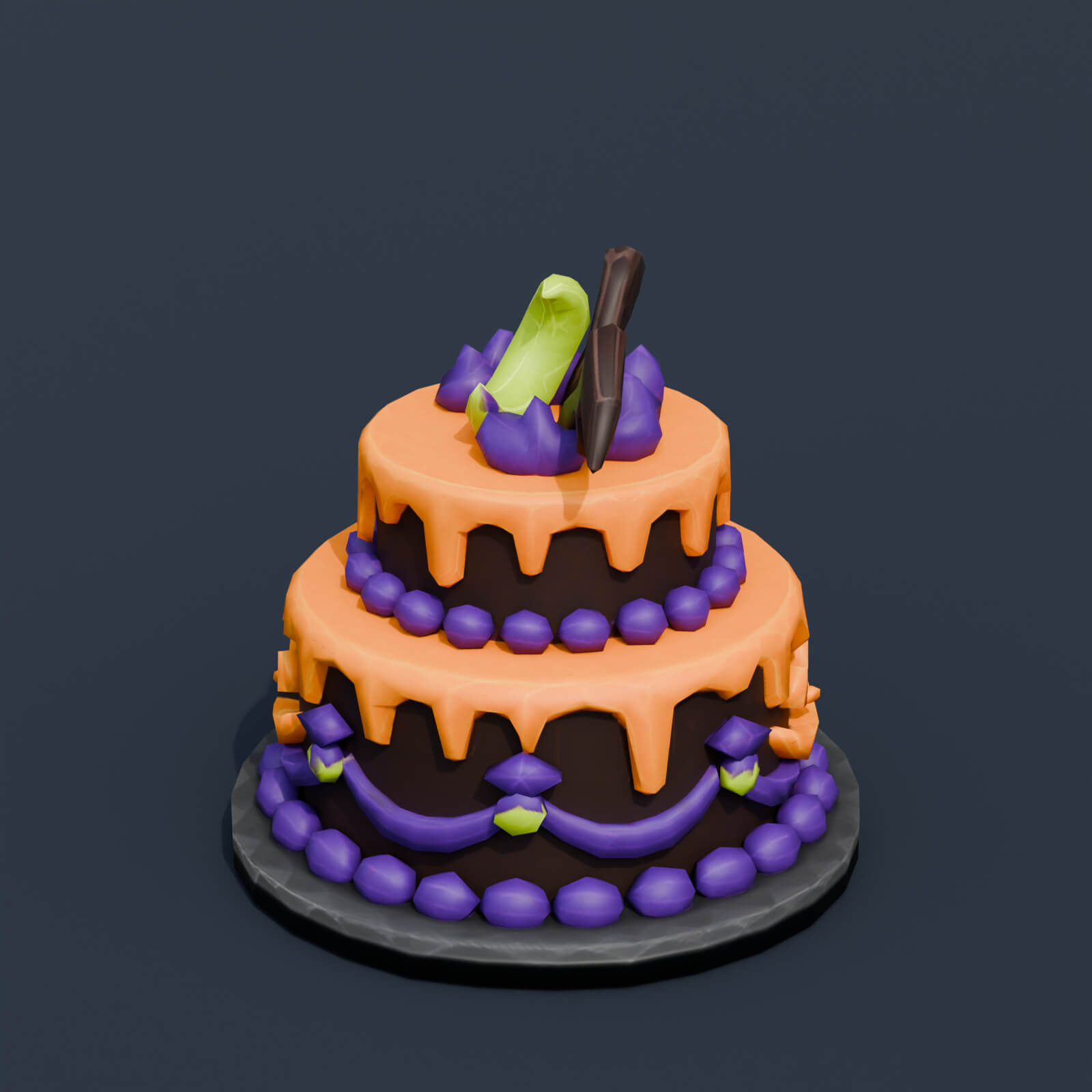 Stylized Low Poly Witch Midnight Halloween Cake 3D Model