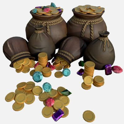 Bag of Coins Treasure Wallet Gem Golden Pile Stylized Set