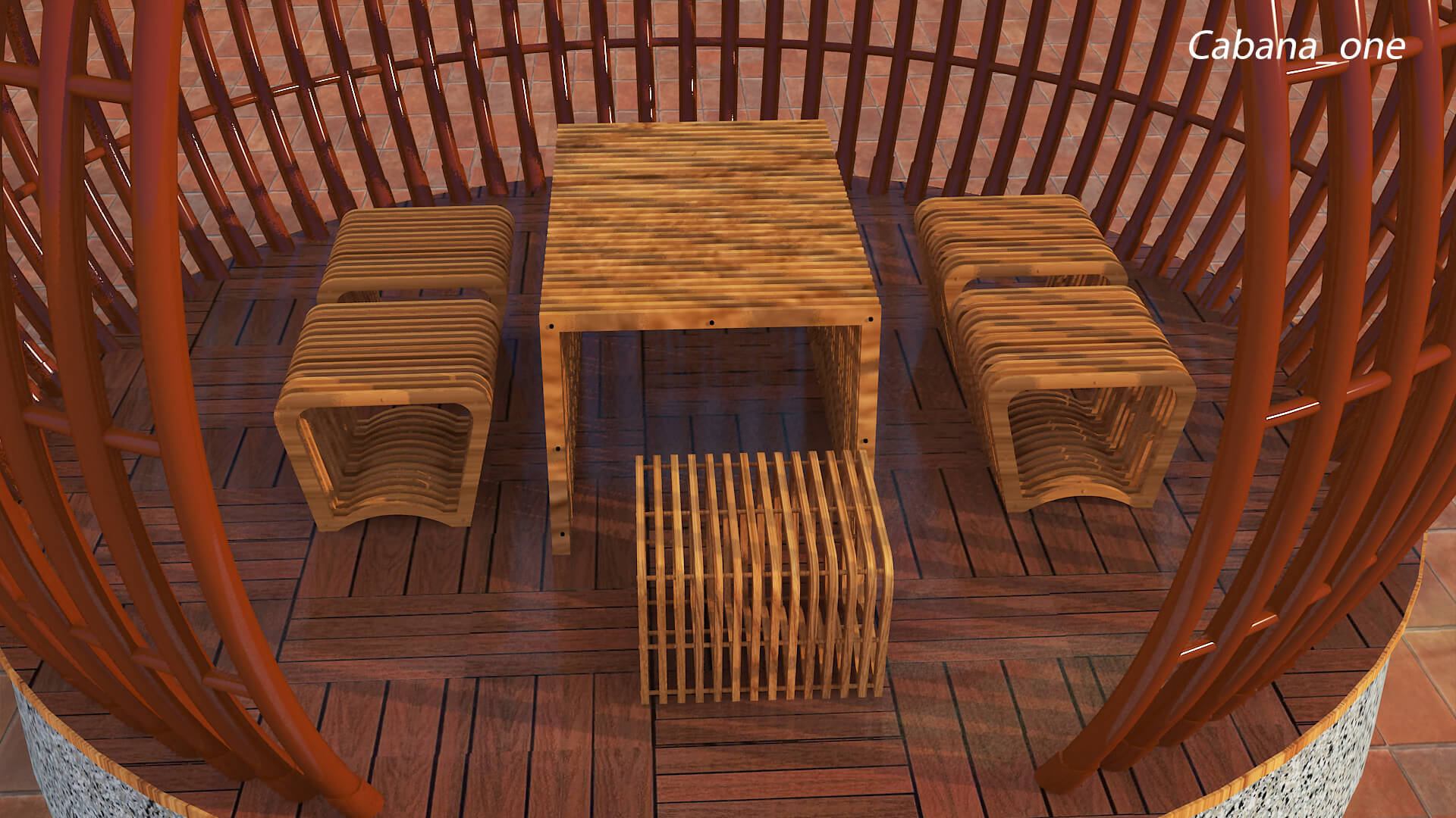 Modern Slatted Outdoor Cabana Pod with Seating 3D Model