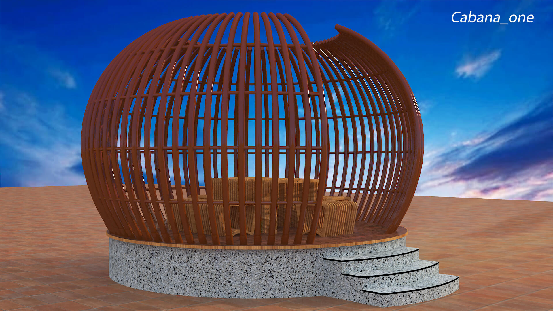 Modern Slatted Outdoor Cabana Pod with Seating 3D Model