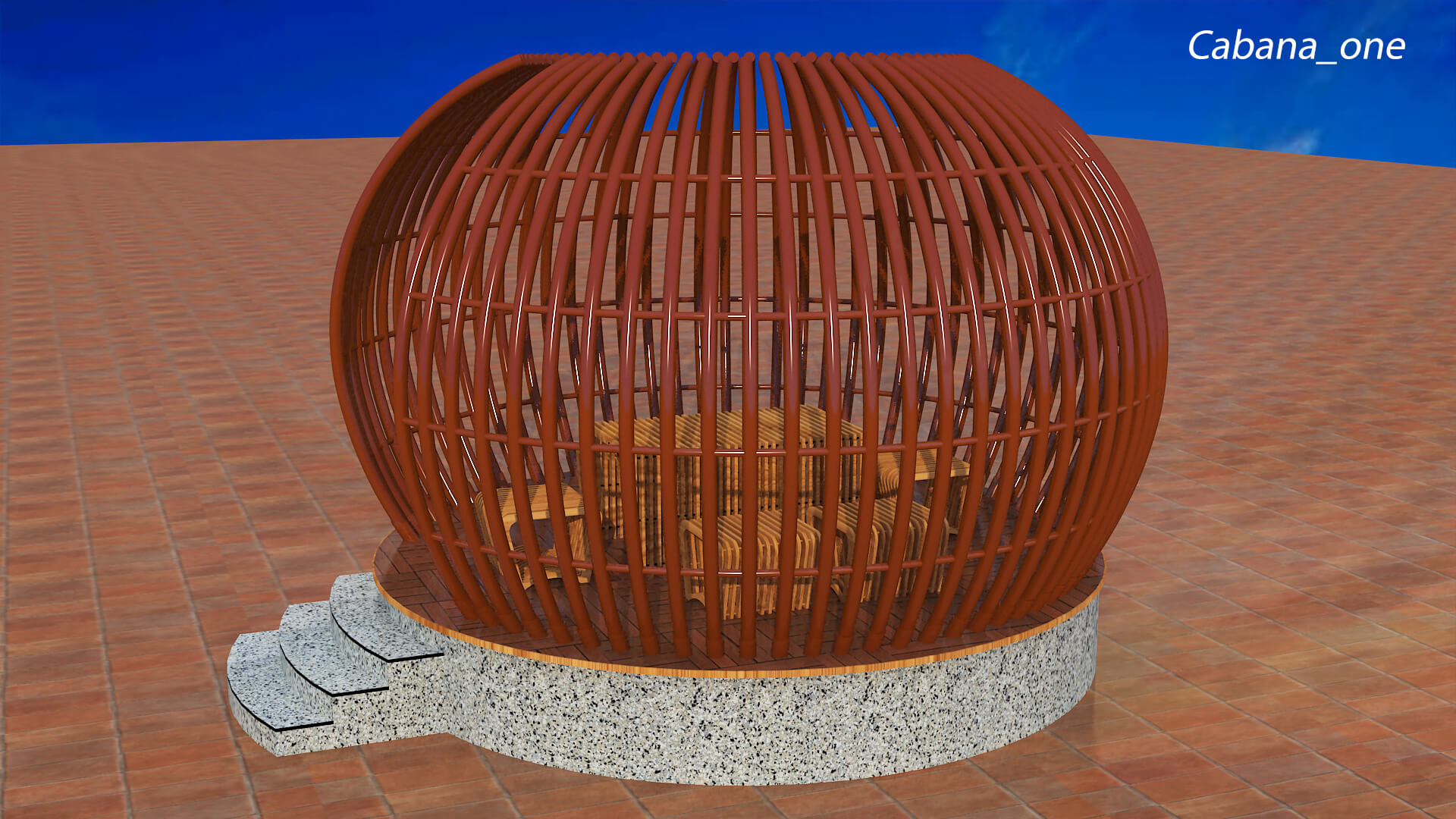 Modern Slatted Outdoor Cabana Pod with Seating 3D Model