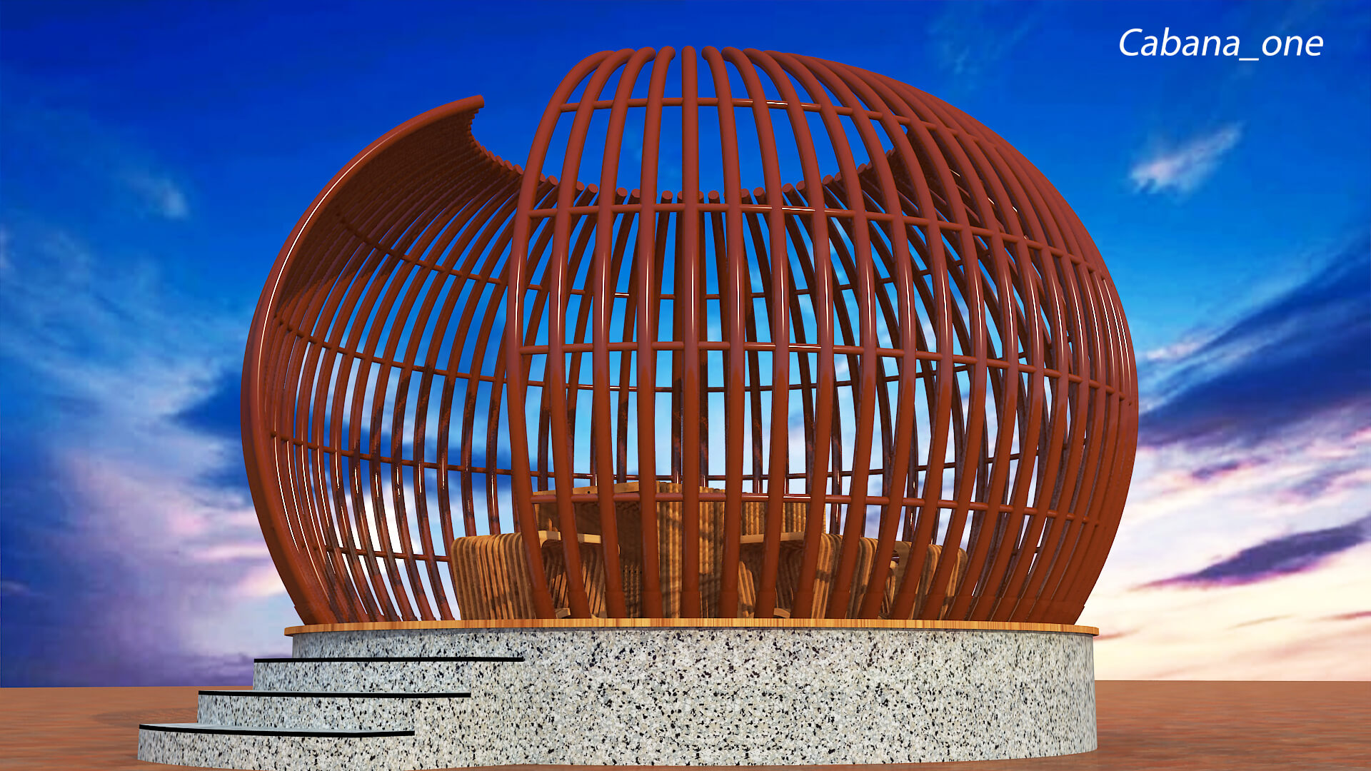 Modern Slatted Outdoor Cabana Pod with Seating 3D Model