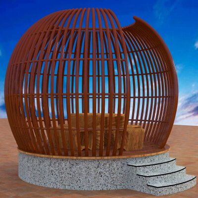 Modern Slatted Outdoor Cabana Pod with Seating