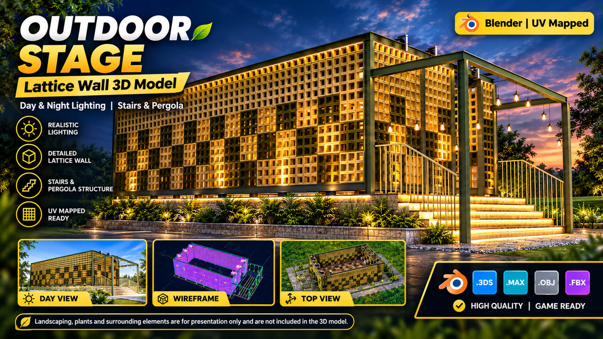 Outdoor Event Stage with Lattice Screen Wall Pergola 3DModel 3D Model