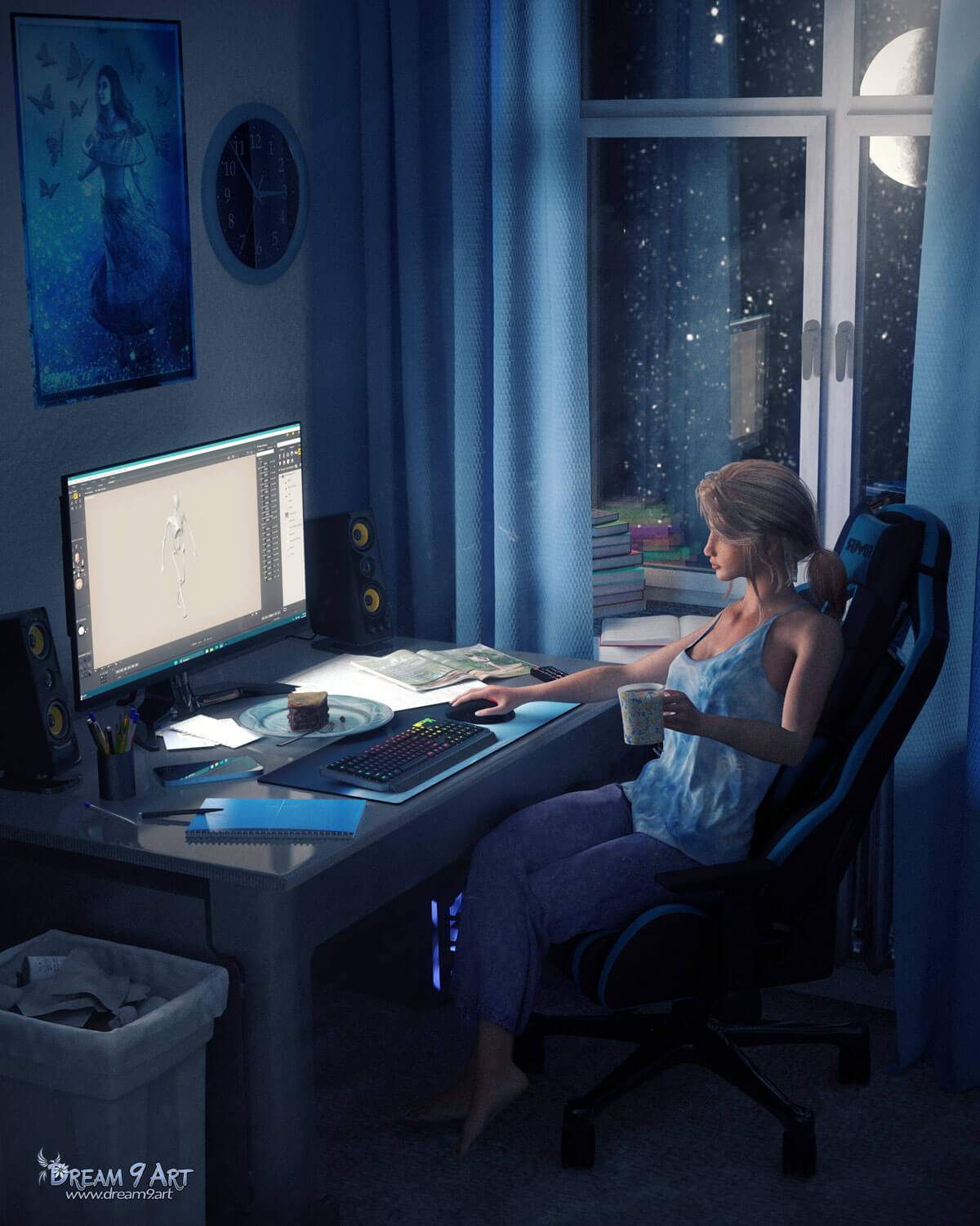 Burning the Midnight Oil 3D Render, Digital Artwork by dream9art