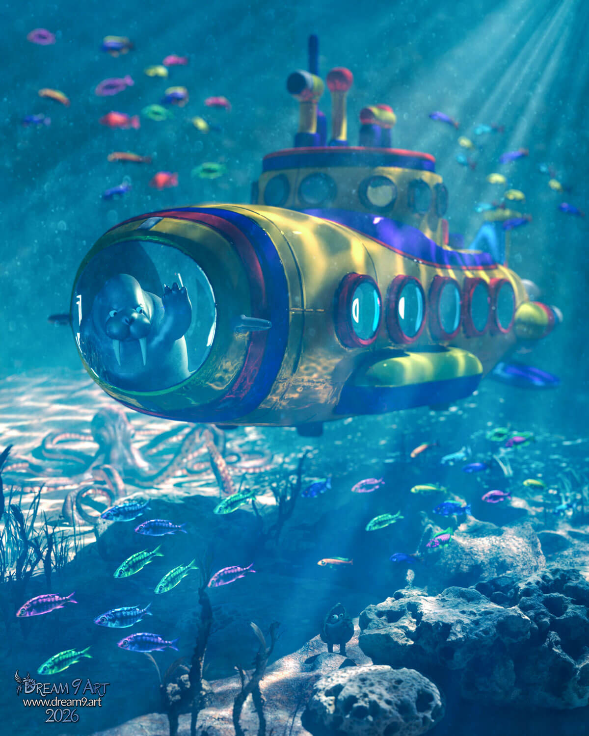 In a Yellow Submarine 3D Render, Digital Artwork by dream9art