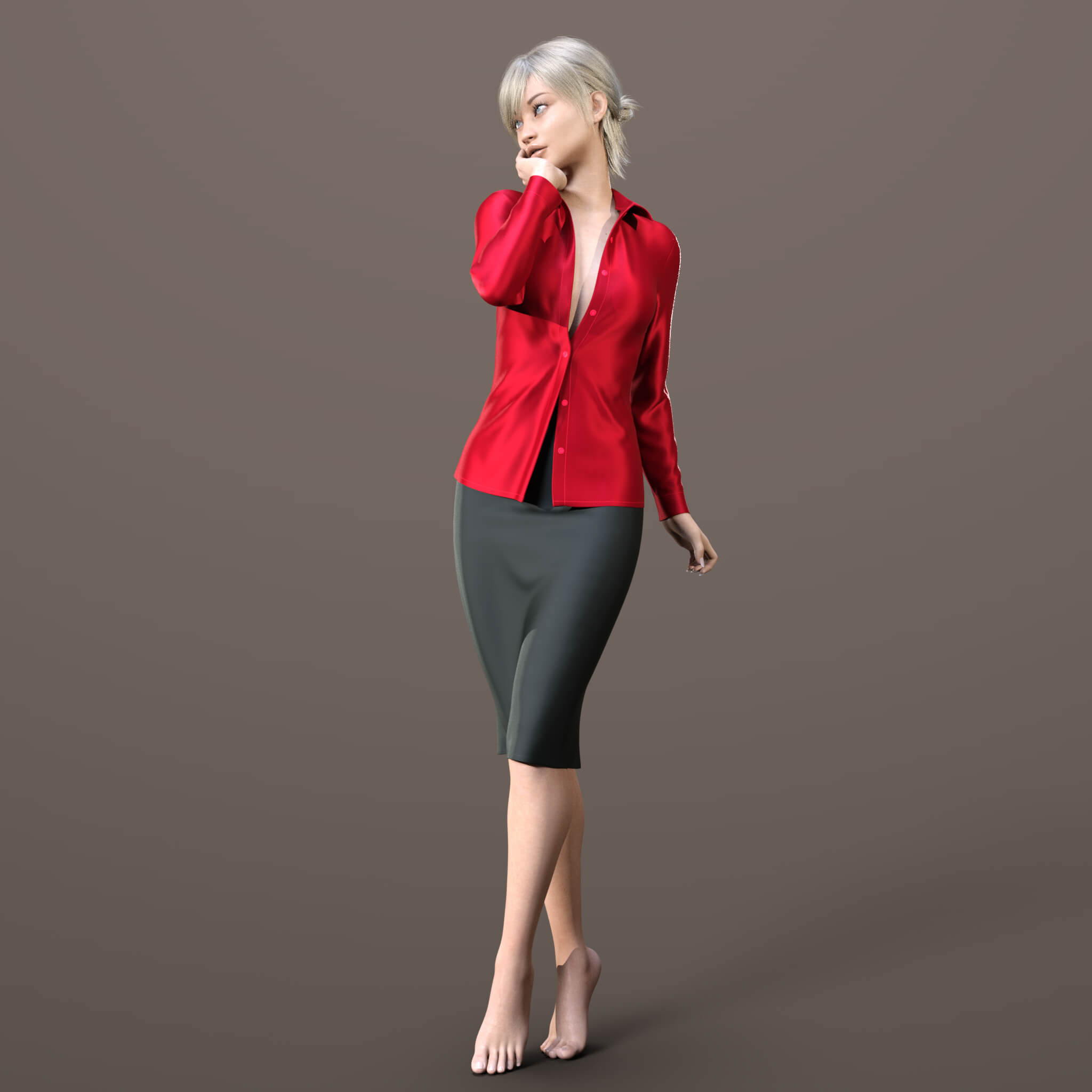 Unbuttoned Blouse and Skirt Long 3D Render, Digital Artwork by Elena_Shvets