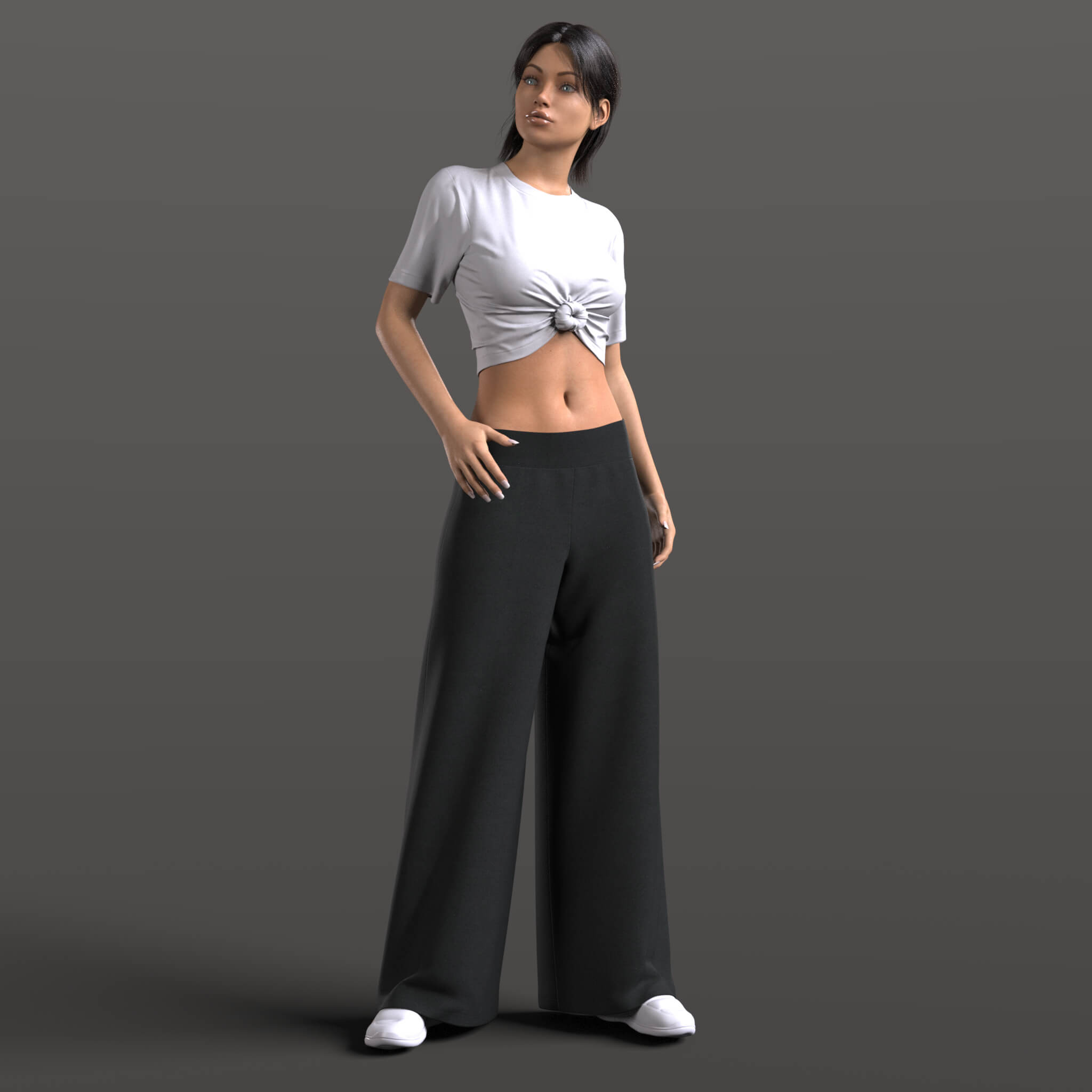 Wide Trousers and Sneakers 2v Shirt with Knot G8 Female Daz Content