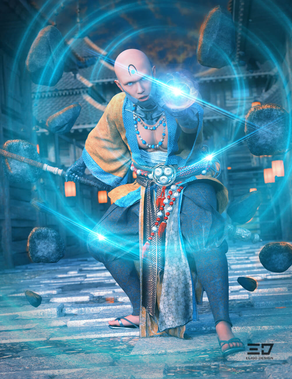 Cyber Monk - Light Force 3D Render, Digital Artwork by eligodesign