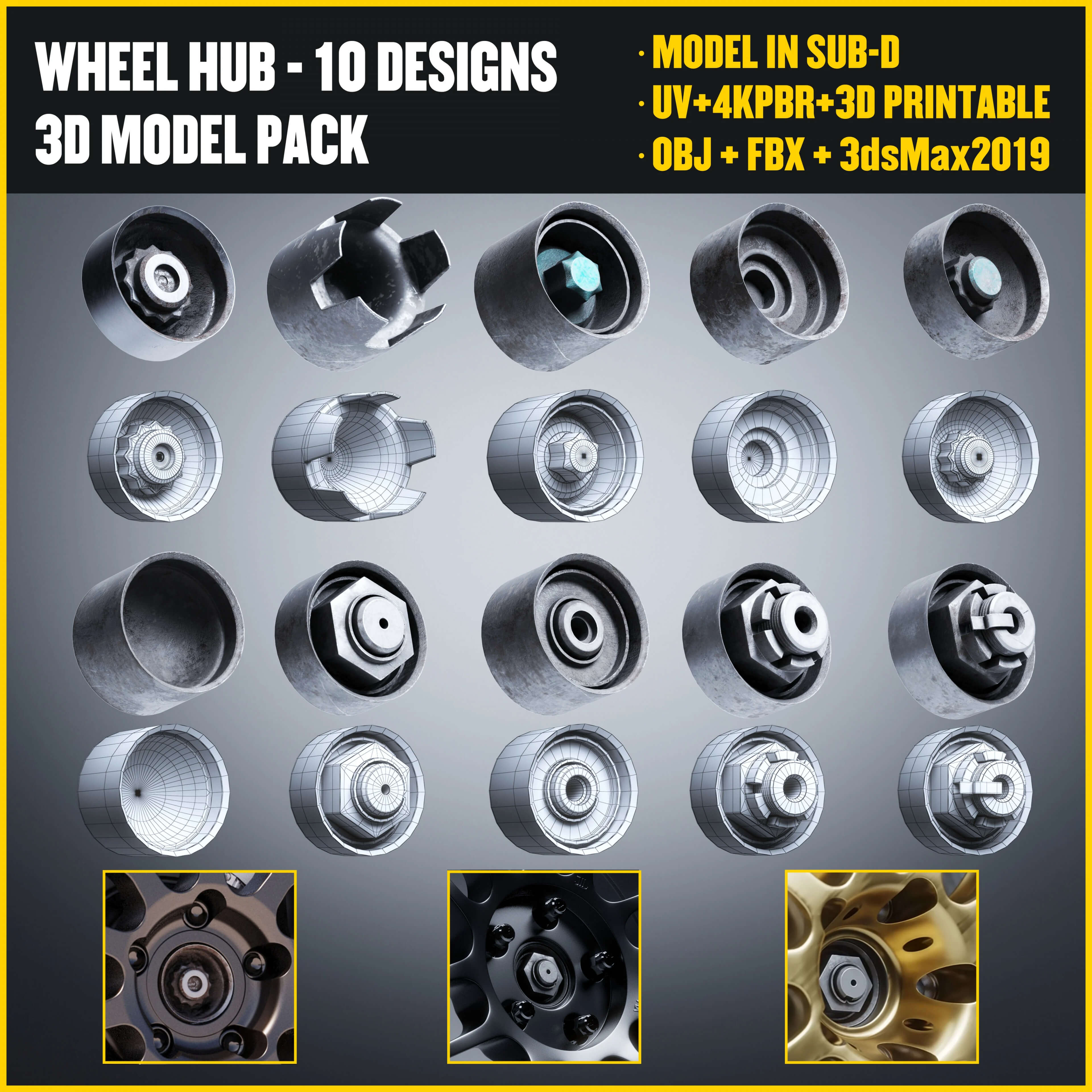 Wheel Center Hubs - 10 Designs 3D Model