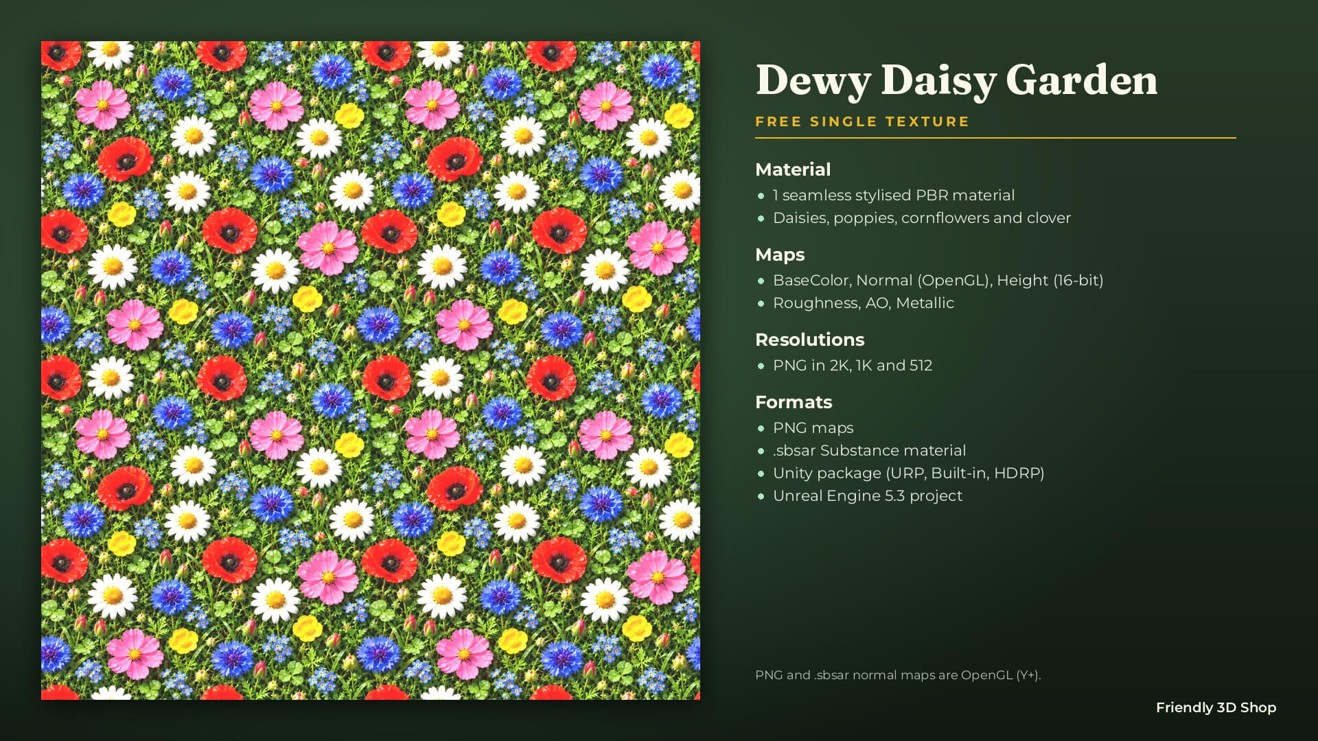 Dewy Daisy Garden - Free Stylised PBR Material 3D Texture