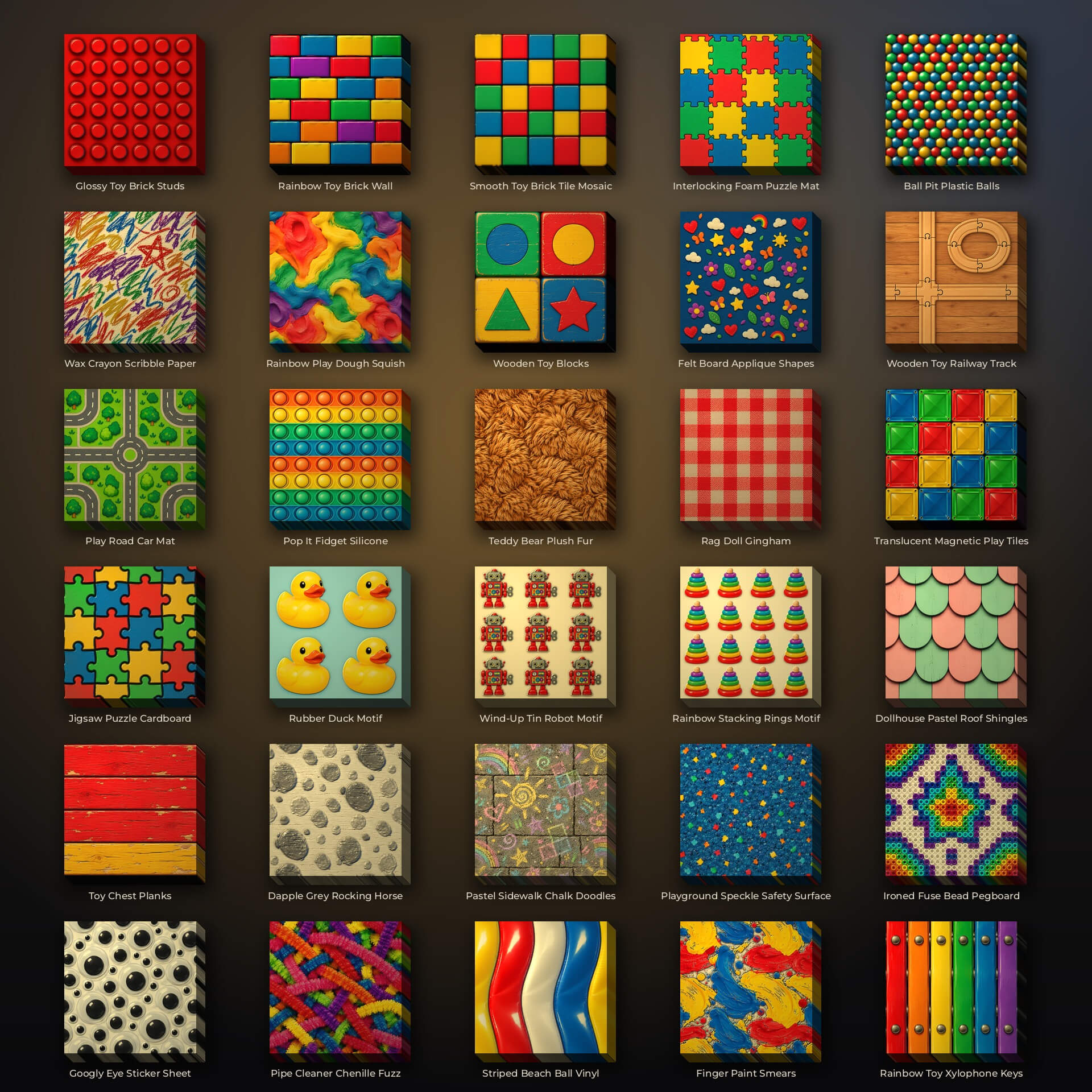 Toy Box Bricks and Plastic - 30 Stylised PBR Textures 3D Texture