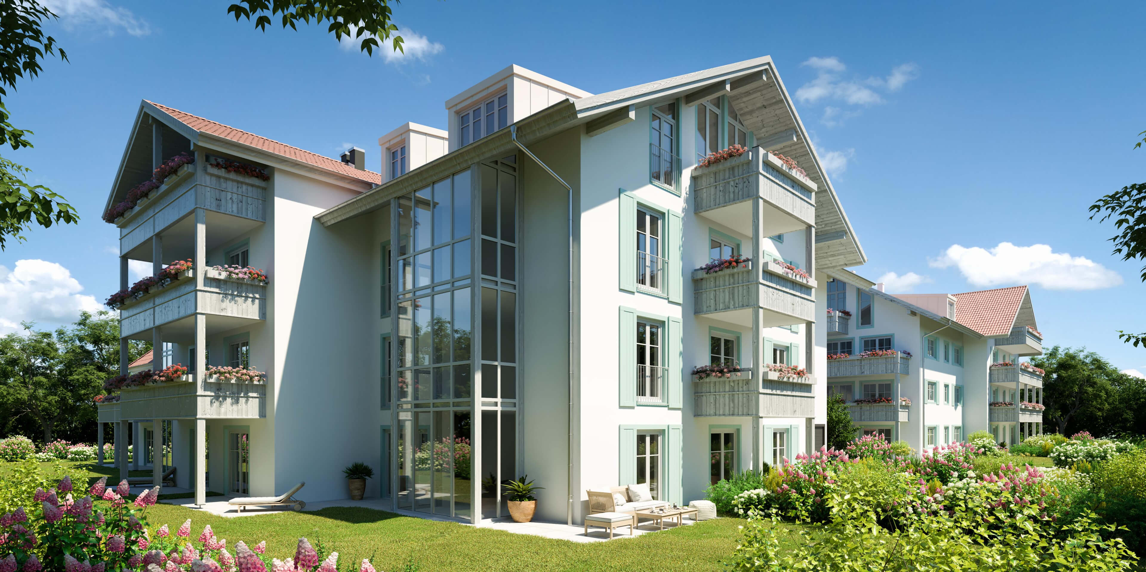 Apartment Building Bad Tlz Alpine-Style Exterior Rendering & Gardens 3D Render, Digital Artwork by gmsvision