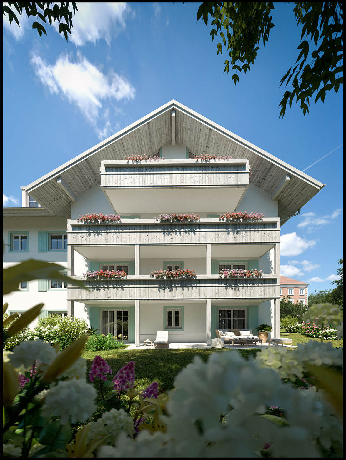 Apartment Building Bad Tlz Alpine-Style Exterior Rendering & Gardens 3D Render, Digital Artwork by gmsvision